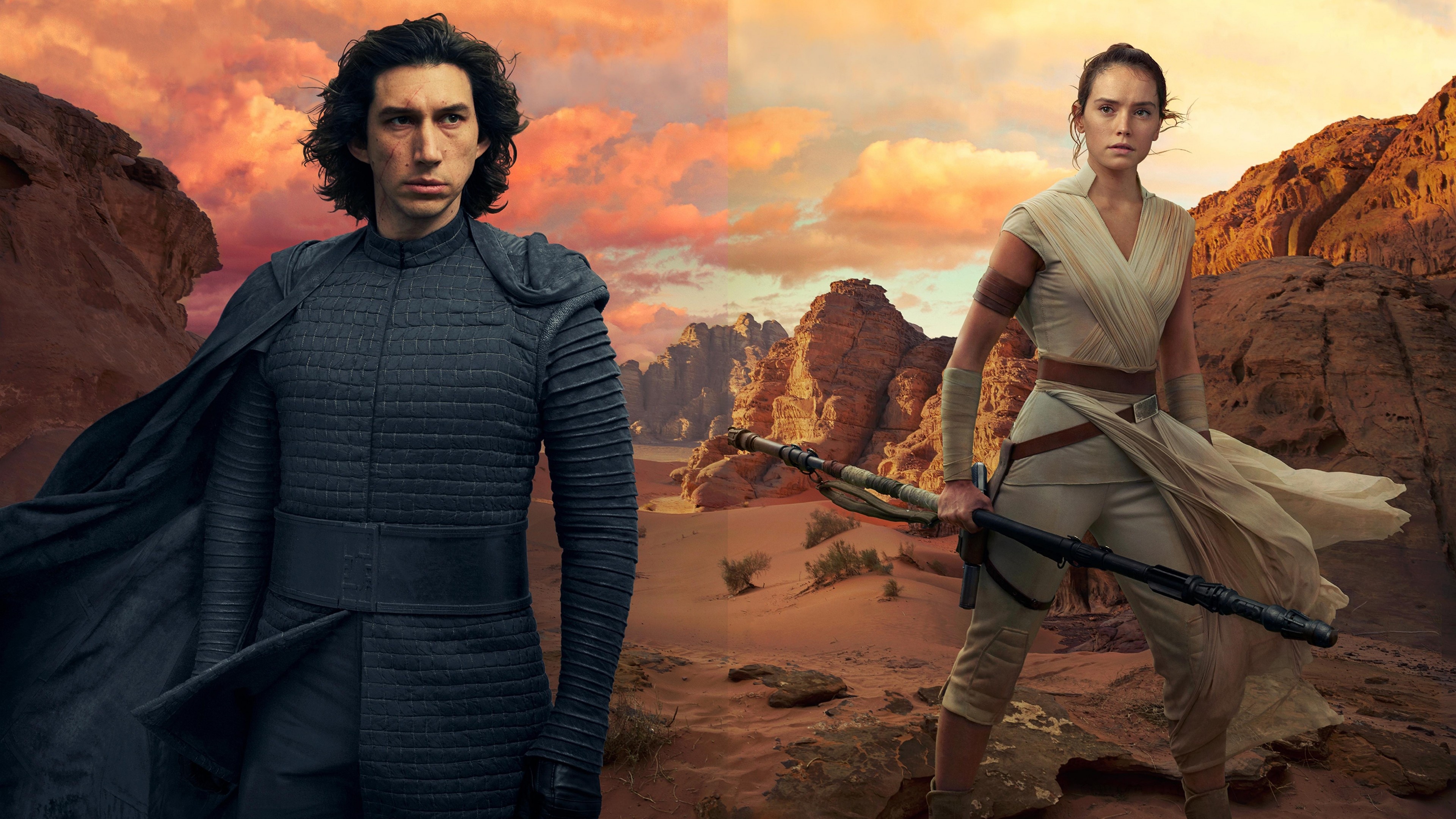 Star Wars: The Rise Of Skywalker: Adam Driver as Ben Solo, Kylo Ren and Ren Daisy Ridley as Rey. 3840x2160 4K Wallpaper.