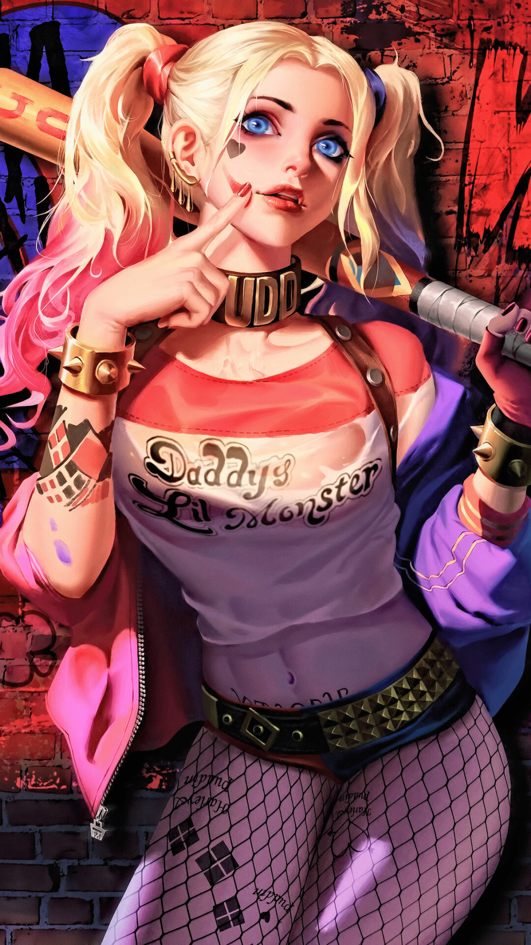 DC Villain: Harley Quinn, First appeared in Suicide Squad as a member of Task Force X. 1080x1920 Full HD Background.