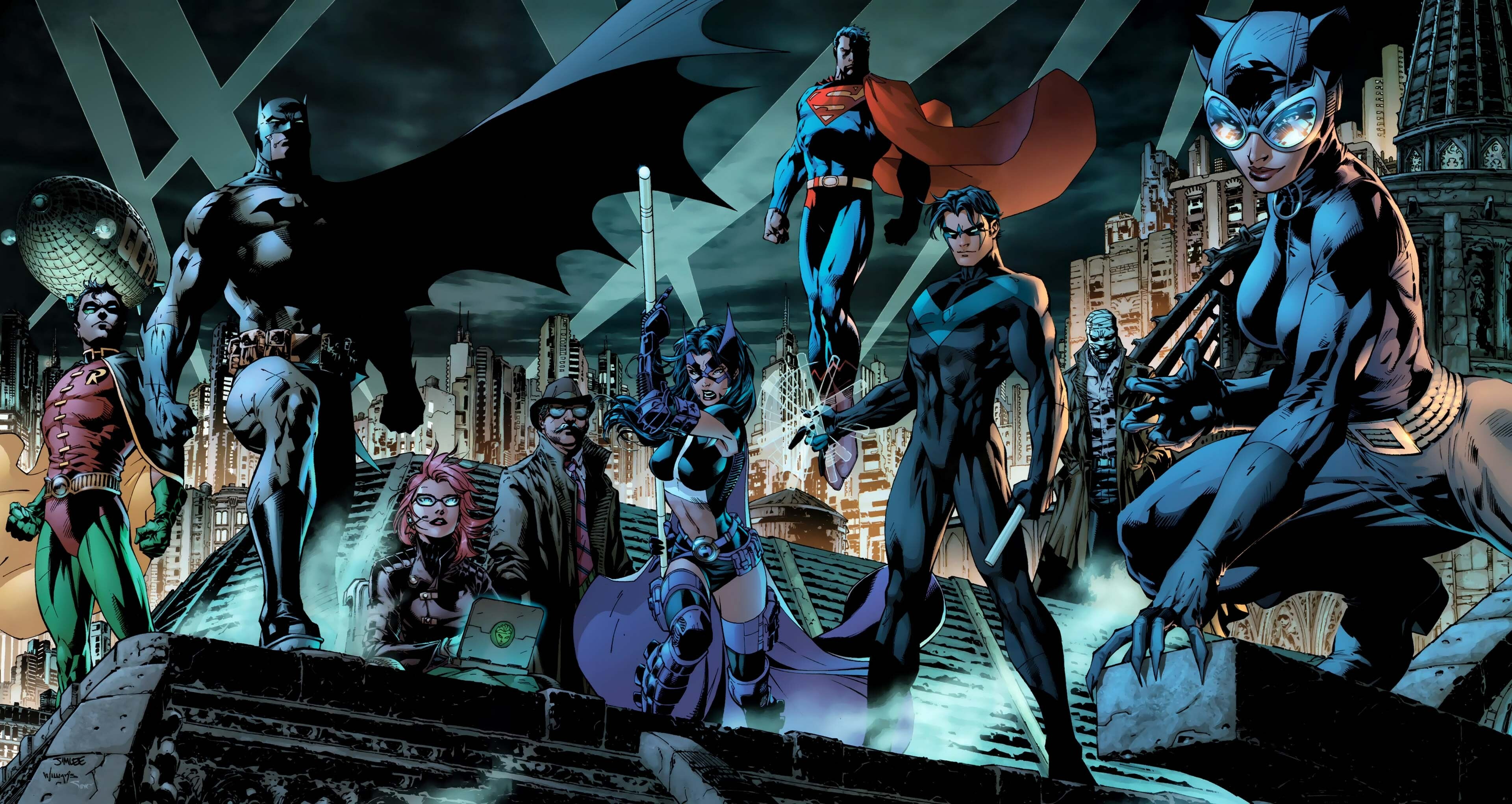 DC: Superman, Huntress, Catwoman, Nightwing, Robin, Batman Family, Jim Gordon. 3840x2050 HD Background.