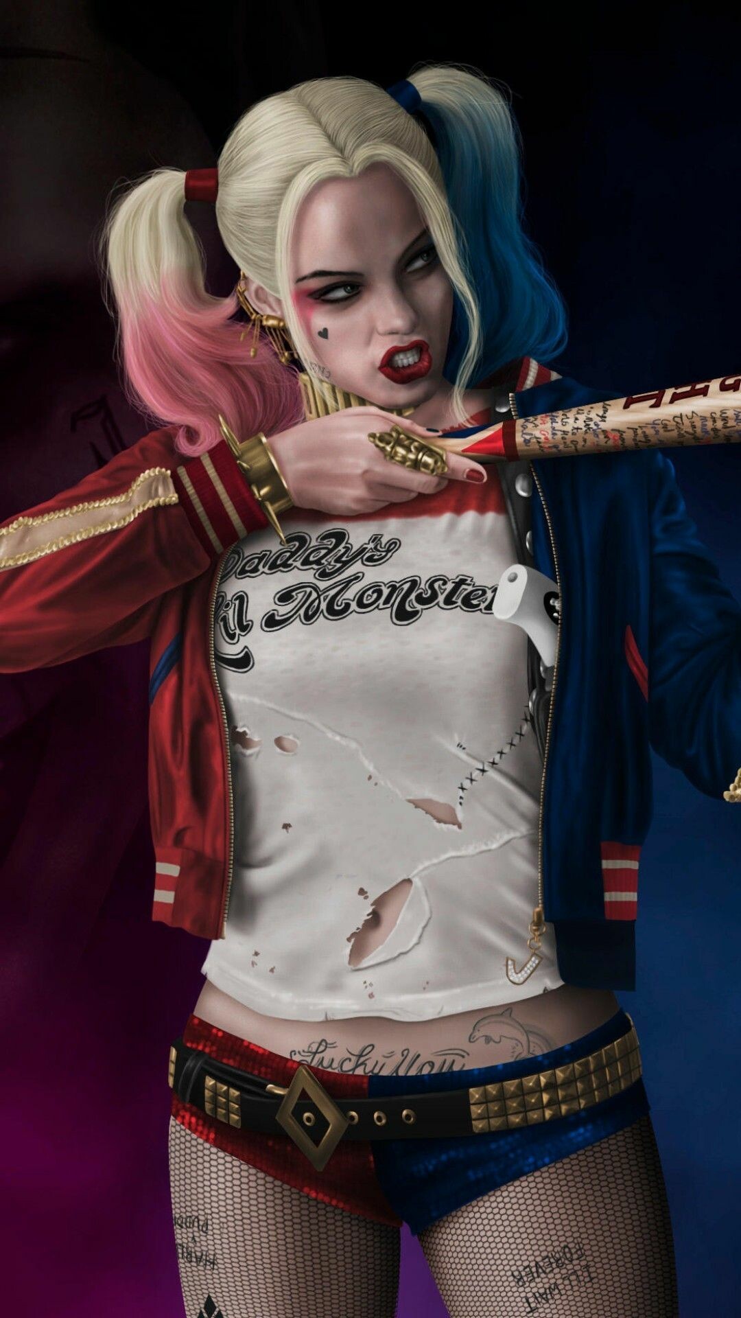 Harley Quinn: Dr. Harleen Quinzel, fell in love with the Joker, eventually becoming his accomplice and lover. 1080x1920 Full HD Background.