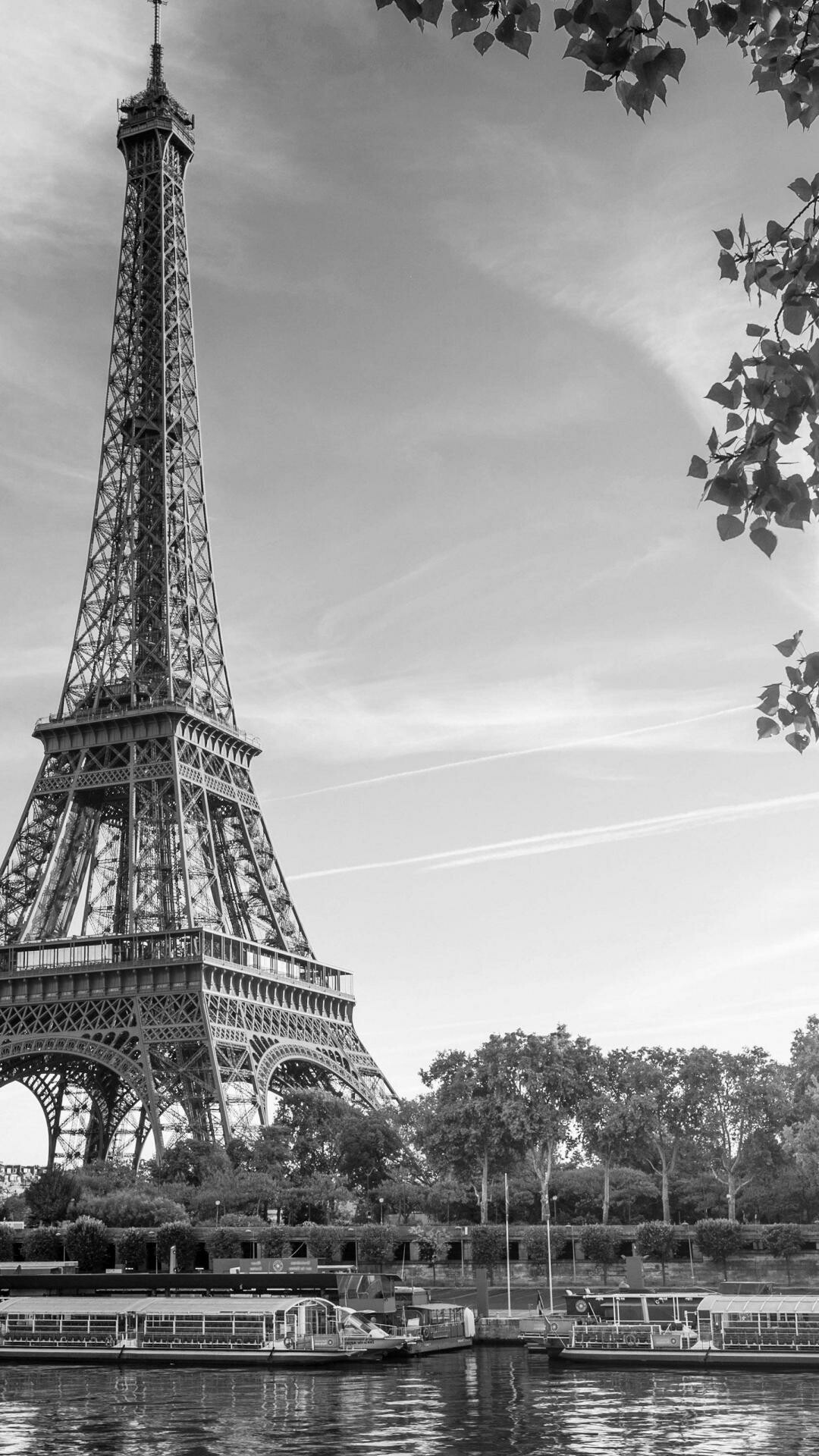 Eiffel Tower: French landmark, Constructed from 1887 to 1889 as the centerpiece of the 1889 World's Fair, Monochrome. 1080x1920 Full HD Wallpaper.