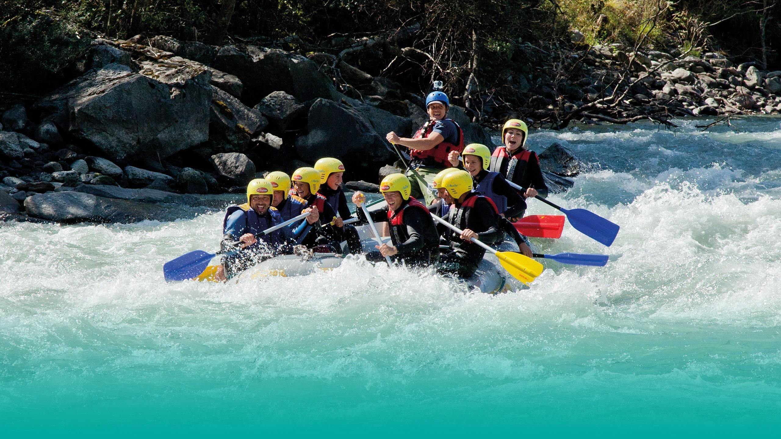 Rafting: A group of tourists moves down the whitewater rapids, Active sports discipline. 2560x1440 HD Background.