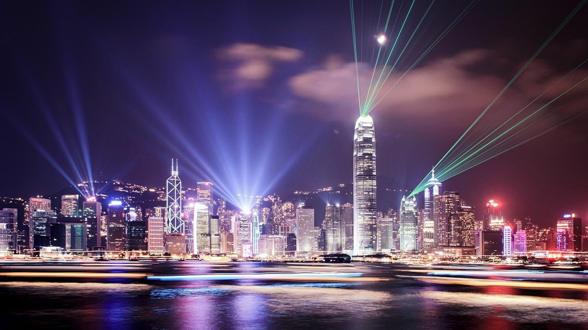Hong Kong: A Symphony of Lights, A daily light and sound show across the Victoria Harbour. 1920x1080 Full HD Wallpaper.