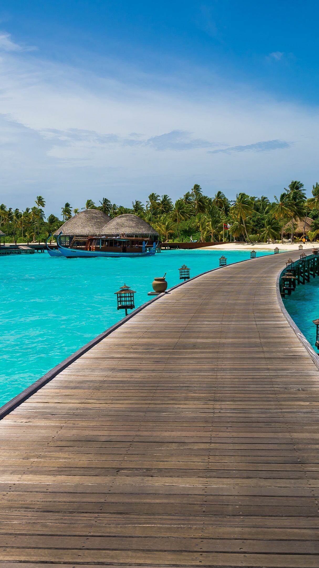 Maldives: Tropical bungalows, Halaveli, North Ari atoll. 1220x2160 HD Background.
