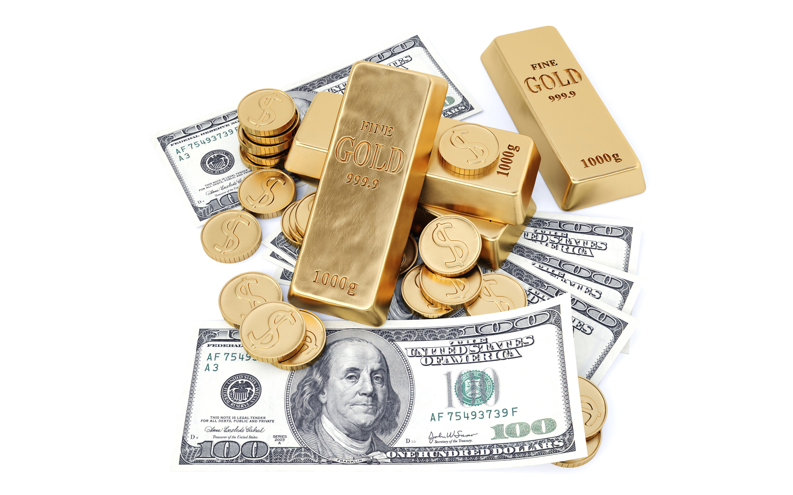 Gold Coins: United States one-hundred-dollar bill, Banknotes, 1 kg gold bullion bar, Cash. 2560x1600 HD Background.