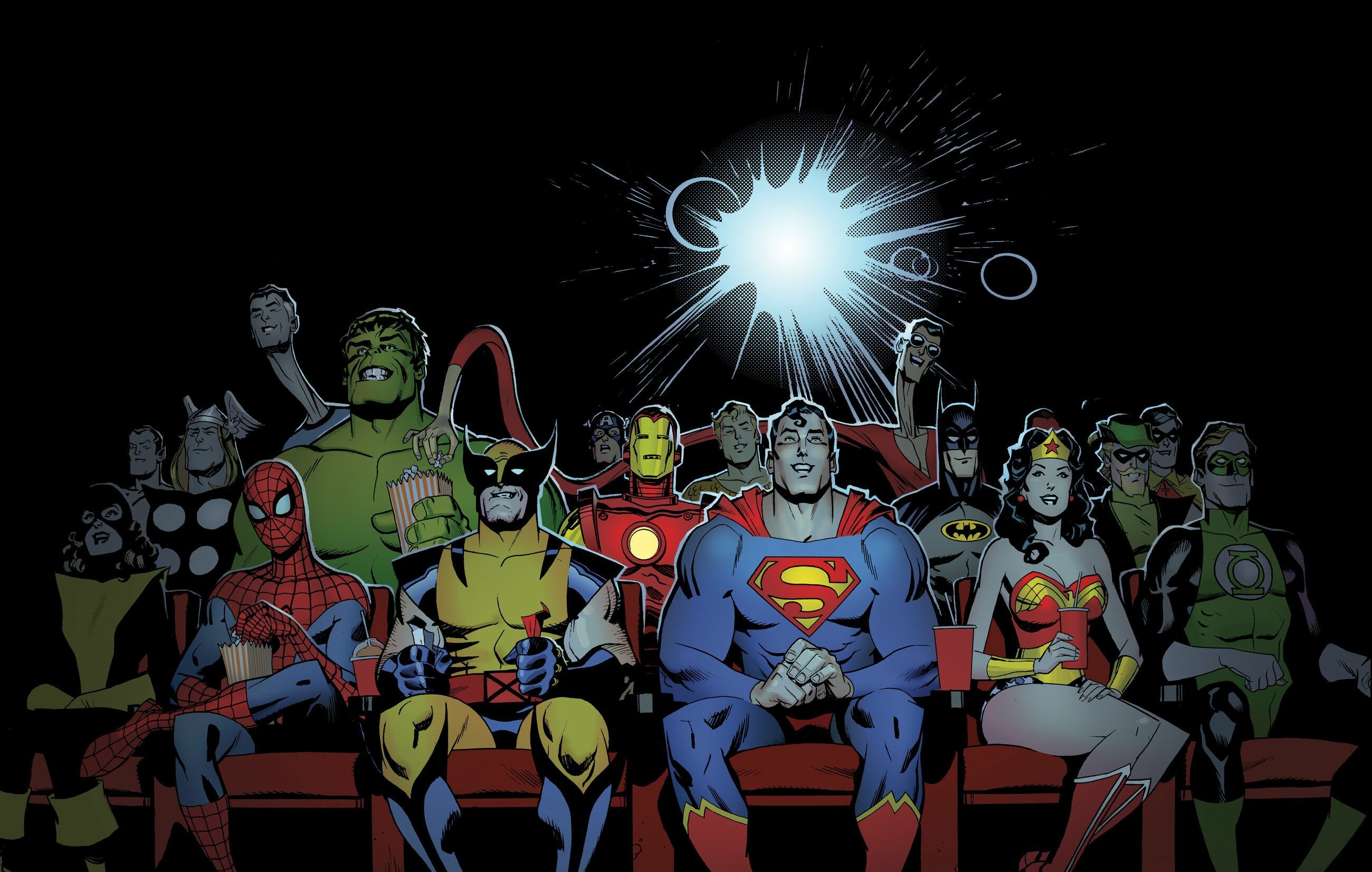 DC vs. Marvel: Batman, Superman, Spider-Man, Hulk, Iron Man, Thor, Green Lantern, Wonder Woman. 2600x1660 HD Background.