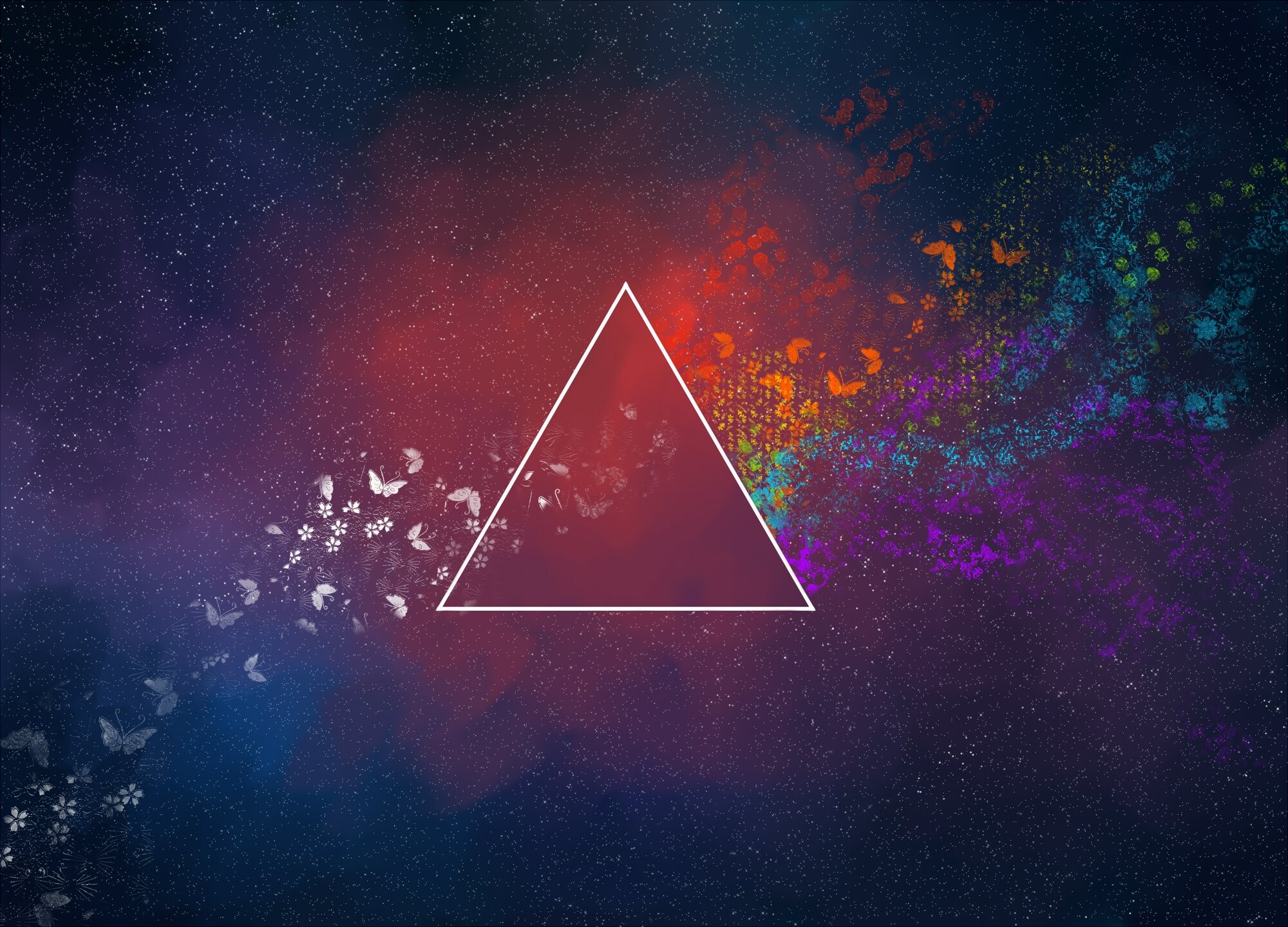 Triangle: Set of three lines, Optical prism, Butterflies, Space. 2000x1440 HD Background.