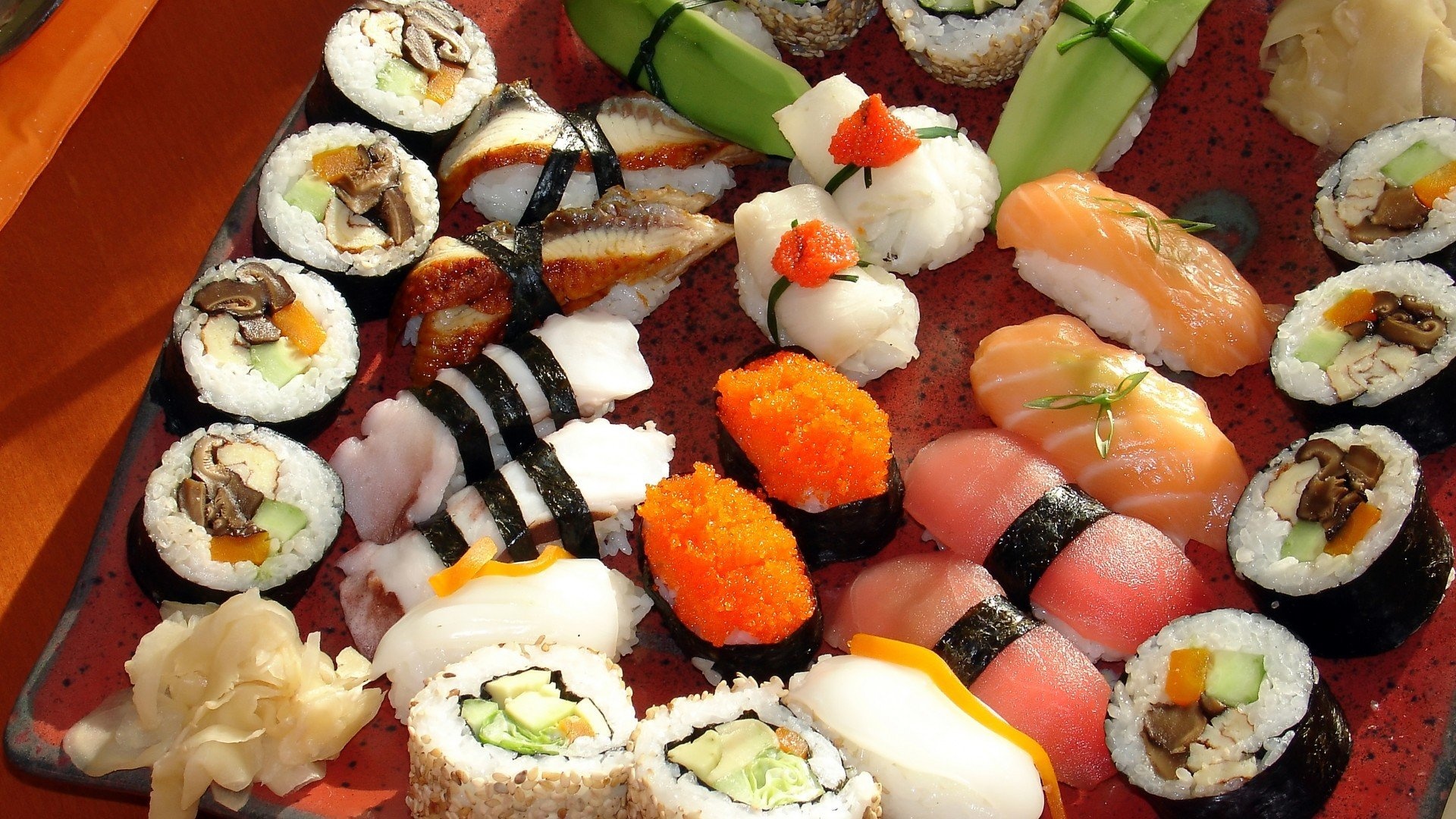 Sushi: Vinegared rice accompanied by raw fish, Tobiko, Gari. 1920x1080 Full HD Wallpaper.