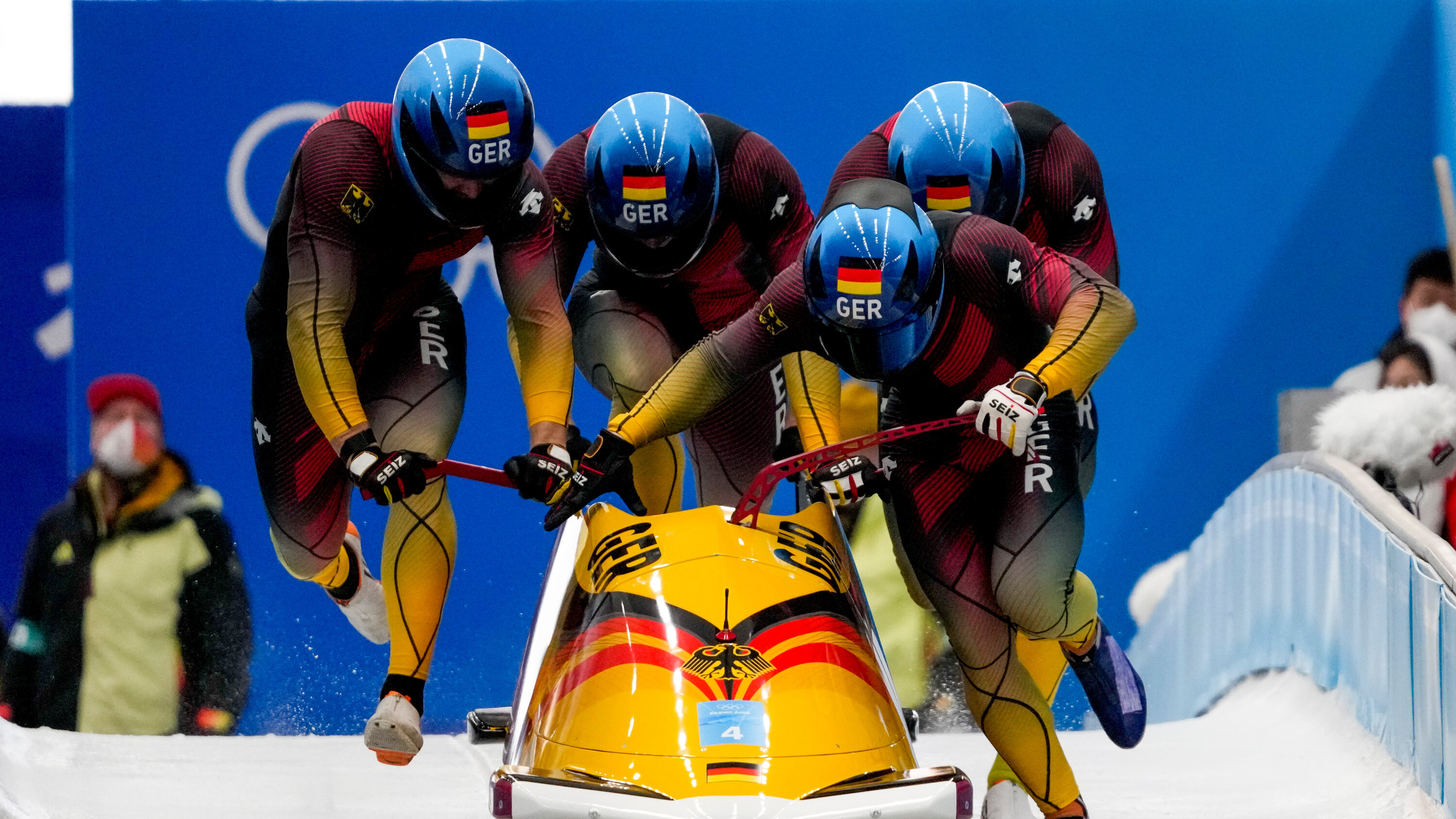 Bobsleigh: Francesco Friedrich, Thorsten Margis, Candy Bauer, Alexander Schueller, German Olympic team. 3000x1690 HD Wallpaper.
