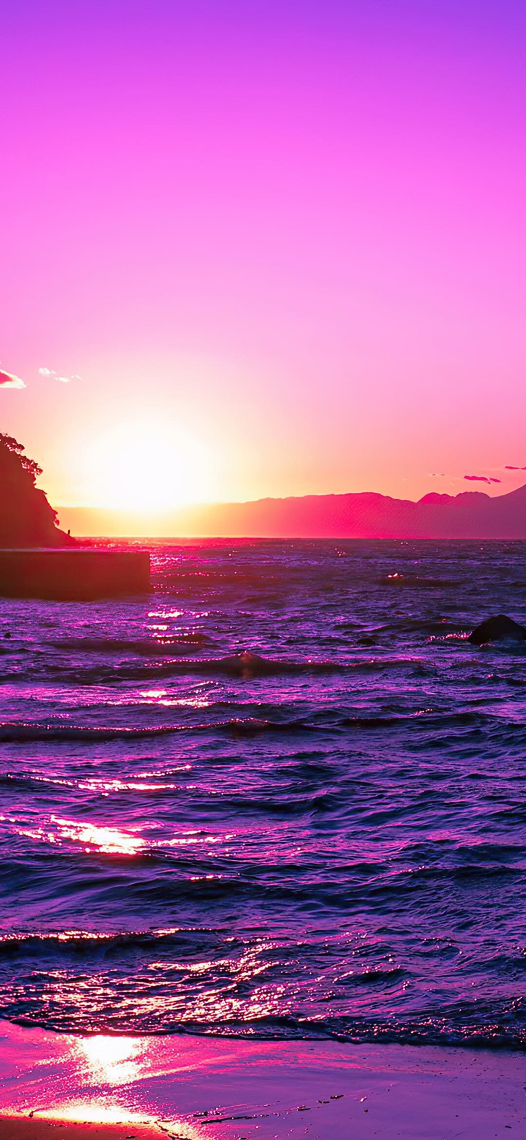Sunset: The daily disappearance of the Sun below the horizon due to Earth's rotation, Seascape. 1080x2340 HD Wallpaper.