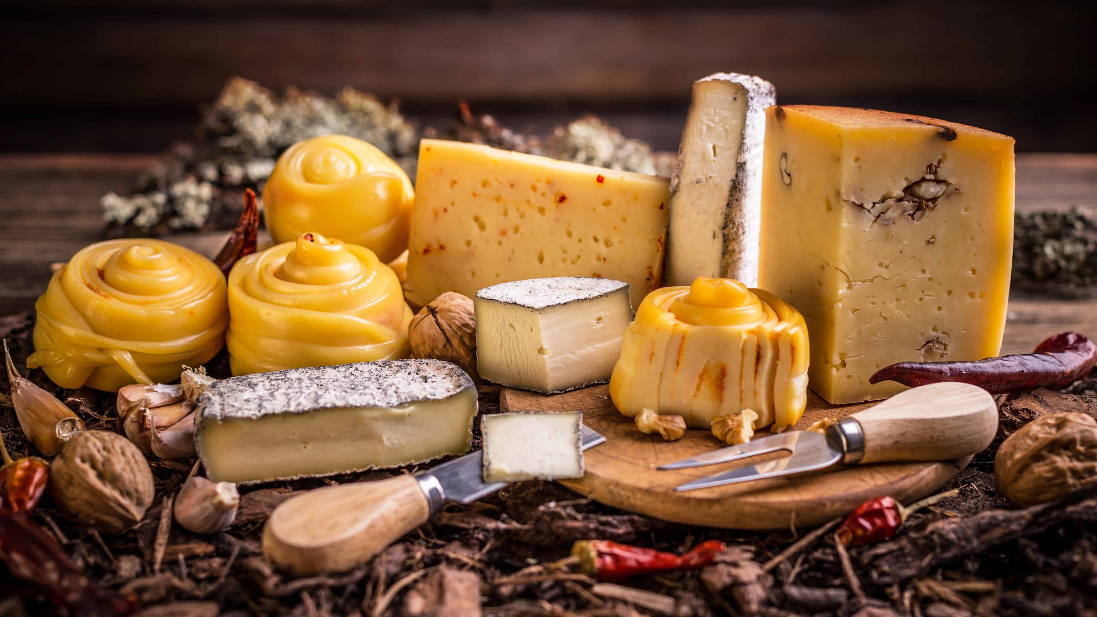 Cheese: Produced by coagulation of the milk protein casein. 3840x2160 4K Background.