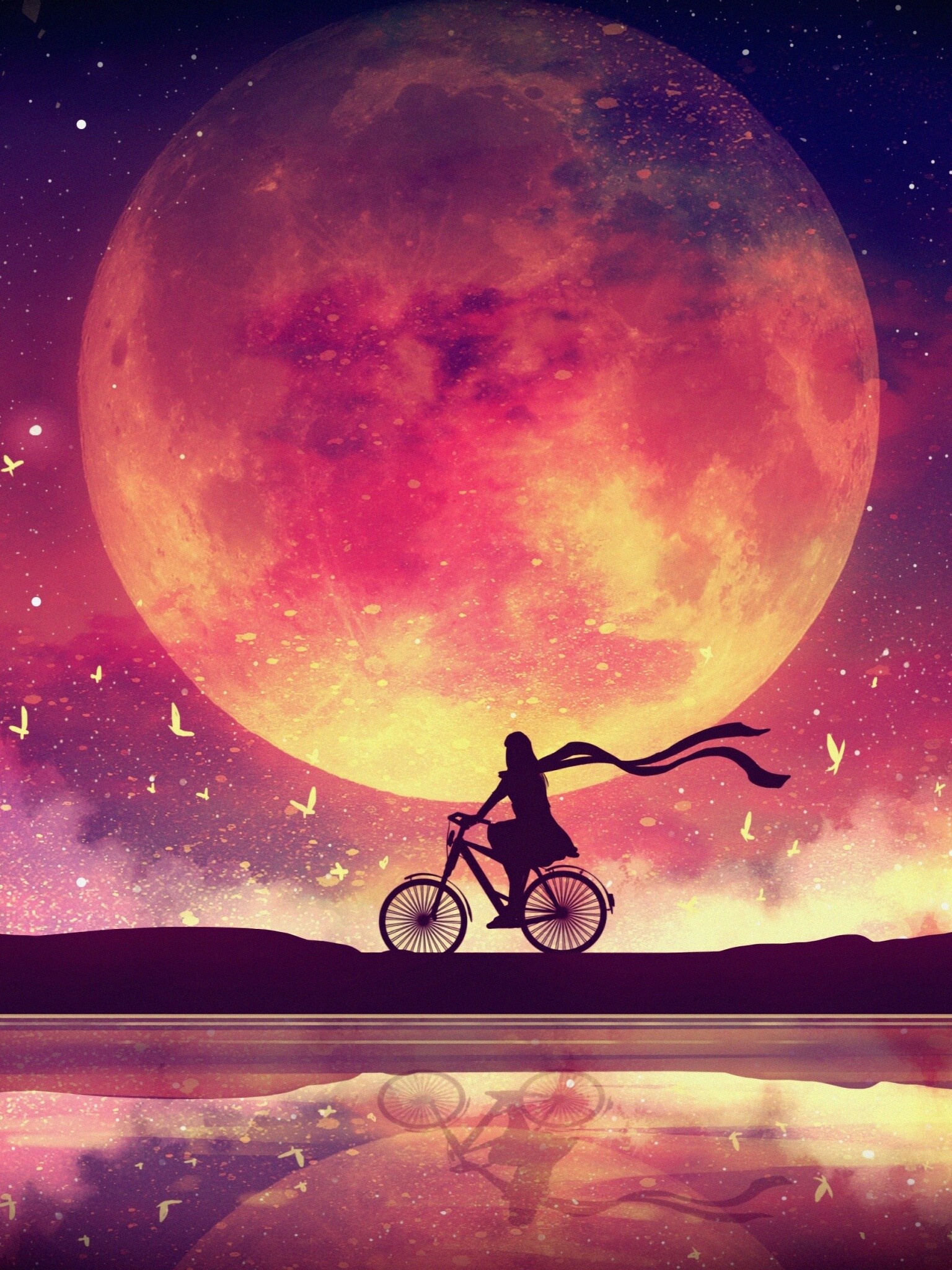 Girl and Bike: Riding a bicycle at night, A supermoon, The lunar effect, People in nature. 1540x2050 HD Background.
