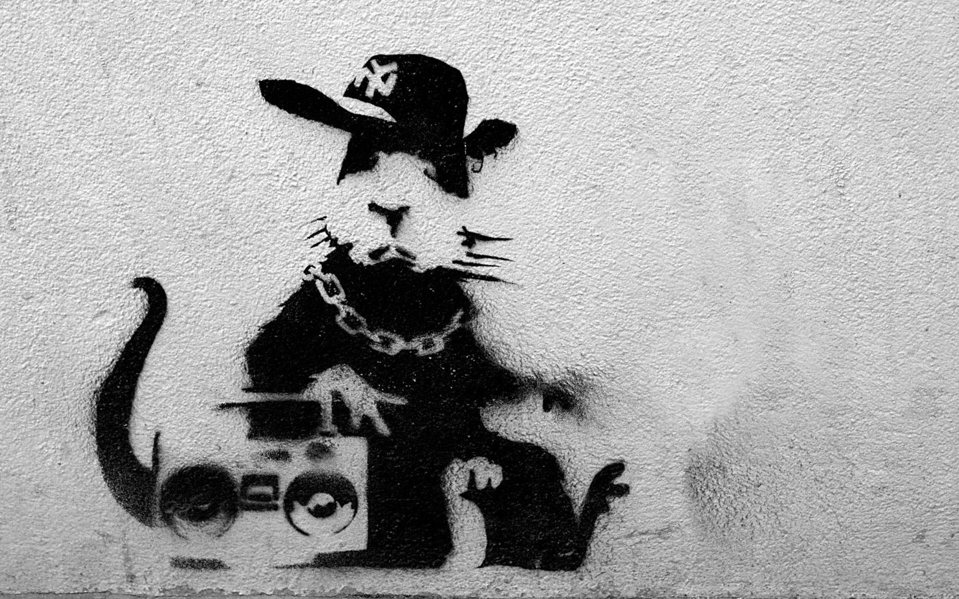 Banksy: Gangsta Rat combines spray-paint and black and white stenciling techniques. 1920x1200 HD Background.
