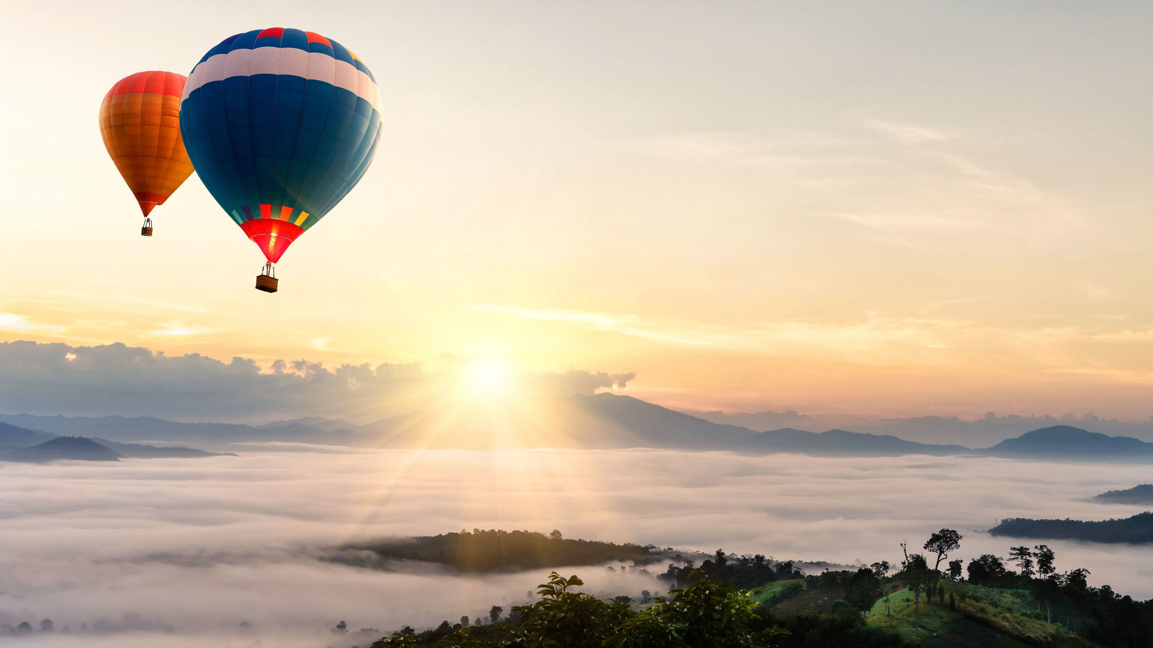 Hot Air Balloon: Flying Above The Clouds, A Picturesque Landscape, Balloon Rides. 3840x2160 4K Background.