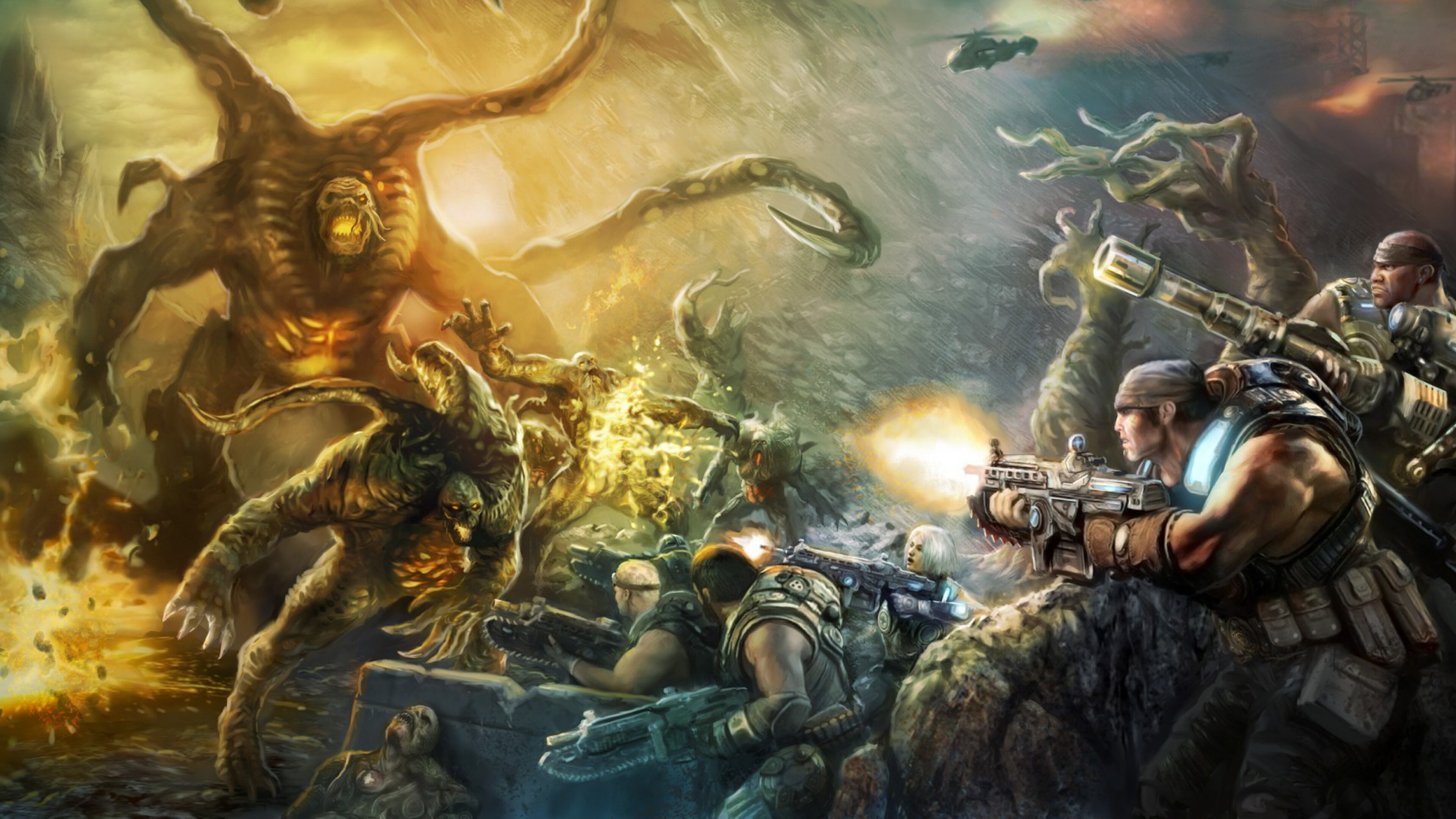 Gears of War: Marcus Fenix, Locust Horde, The world of Sera, Dominic Santiago, Epic Games video game. 3840x2160 4K Wallpaper.