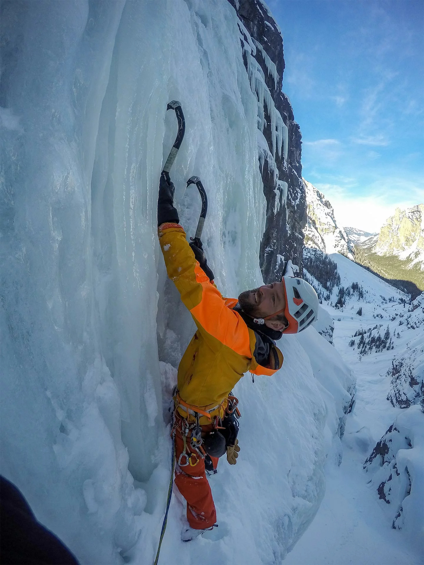 Ice Climbing: Frozen Waterfall Climbing With Mountain Guide, Vital Skills Learning 2022, Climbing Equipment. 1440x1920 HD Background.