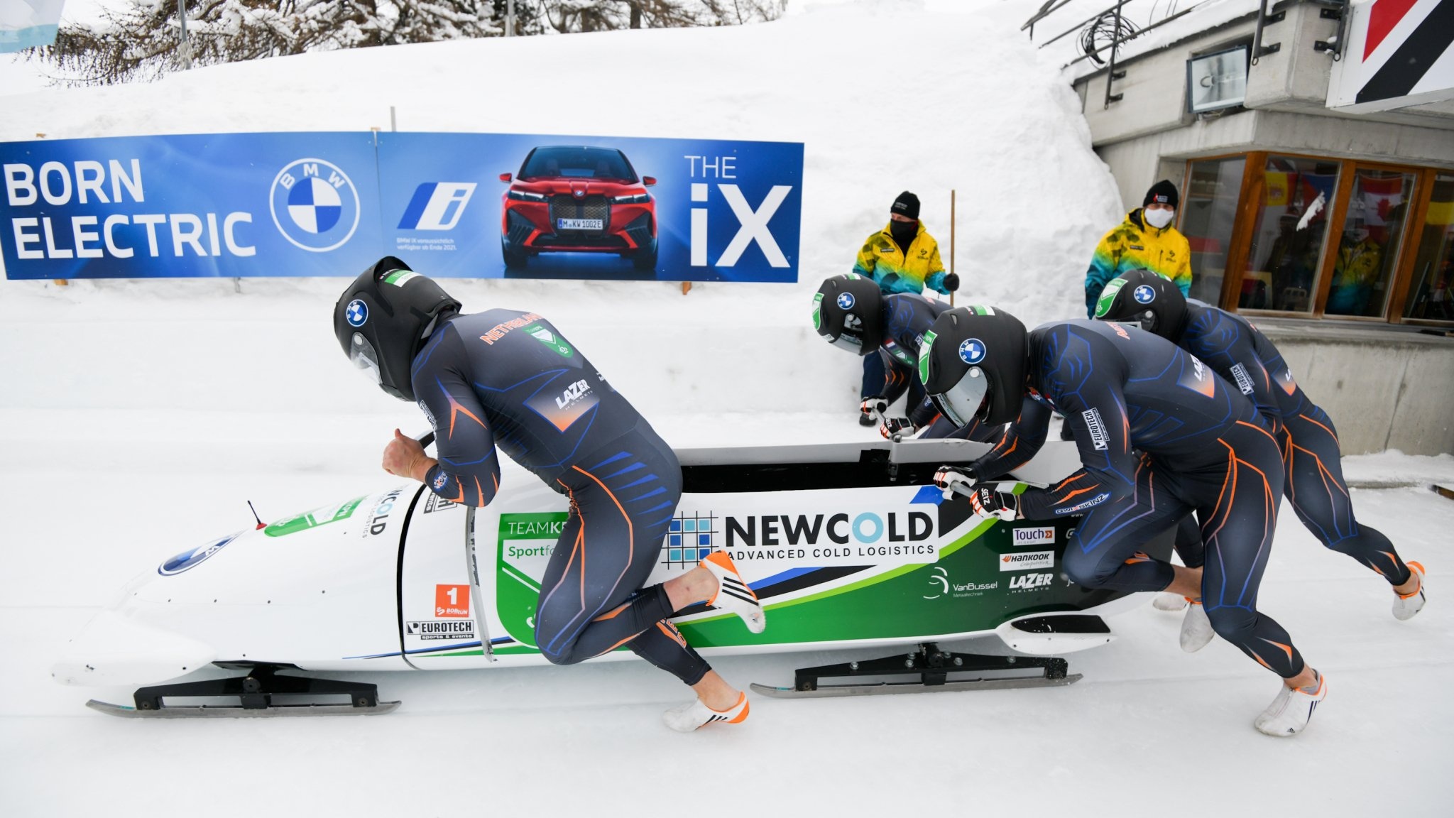 Bobsleigh: The Dutch Sliding Federation 4-man event team, Competitive winter sport. 2050x1160 HD Background.