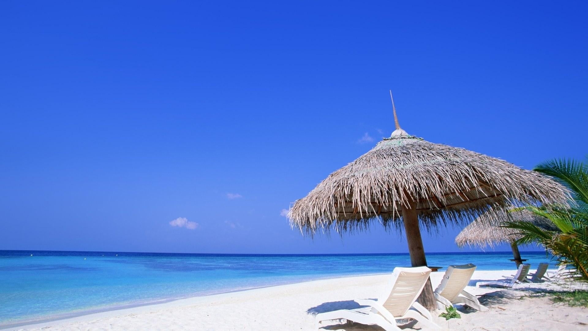 Beach Umbrella: Beach lounge, Seashore, Brolly, Parasol, Sunshade, Gamp. 1920x1080 Full HD Background.