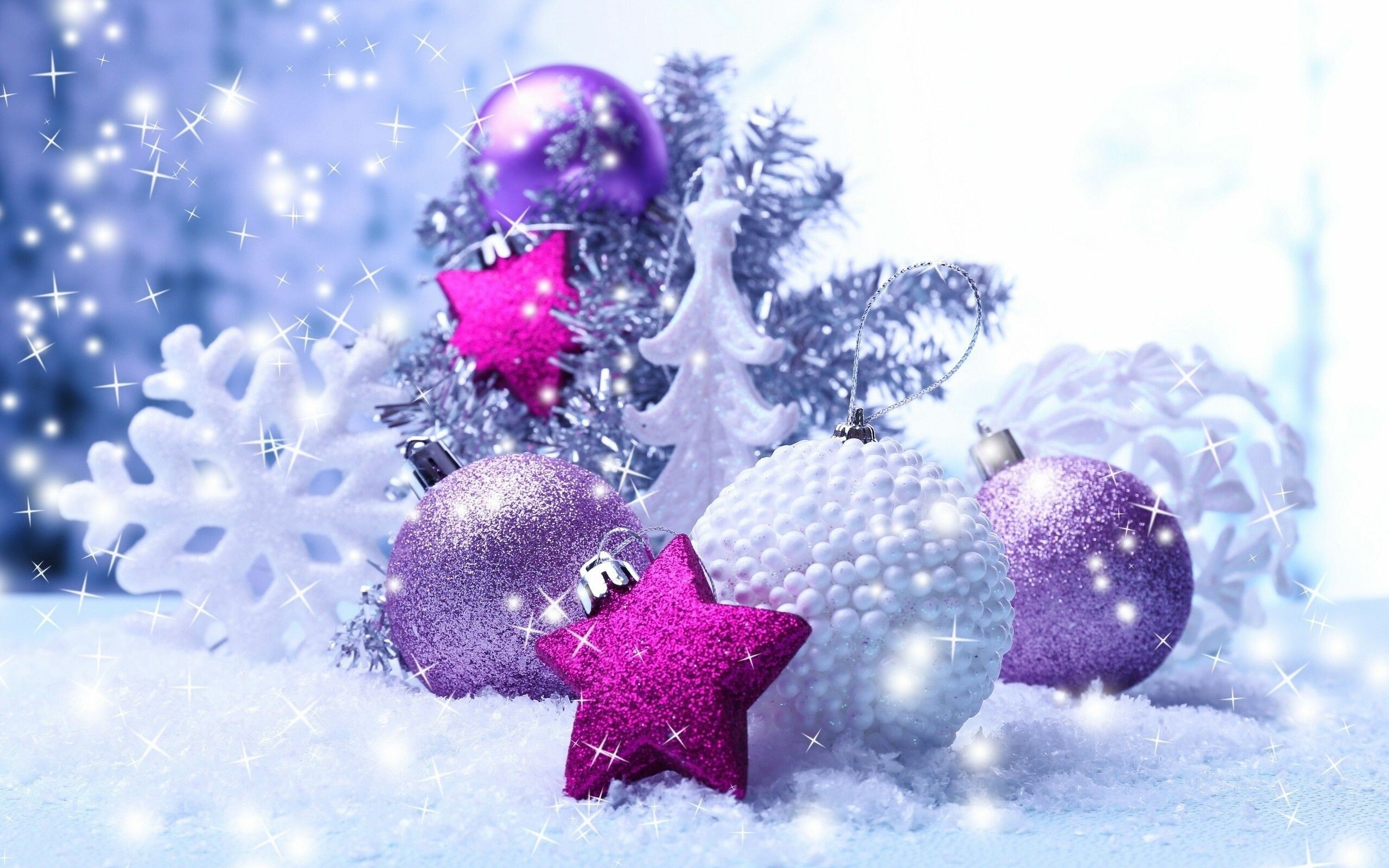 Christmas Ornament: New Year, Sparkles, Snowflakes, Stars, Bubbles. 2560x1600 HD Wallpaper.