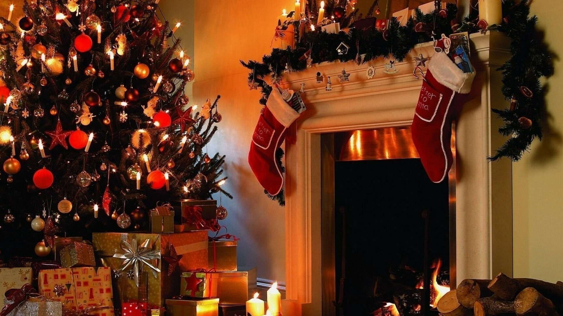 Christmas Fireplace: Lighting, Holiday ornament, Gifts, Garlands. 1920x1080 Full HD Background.