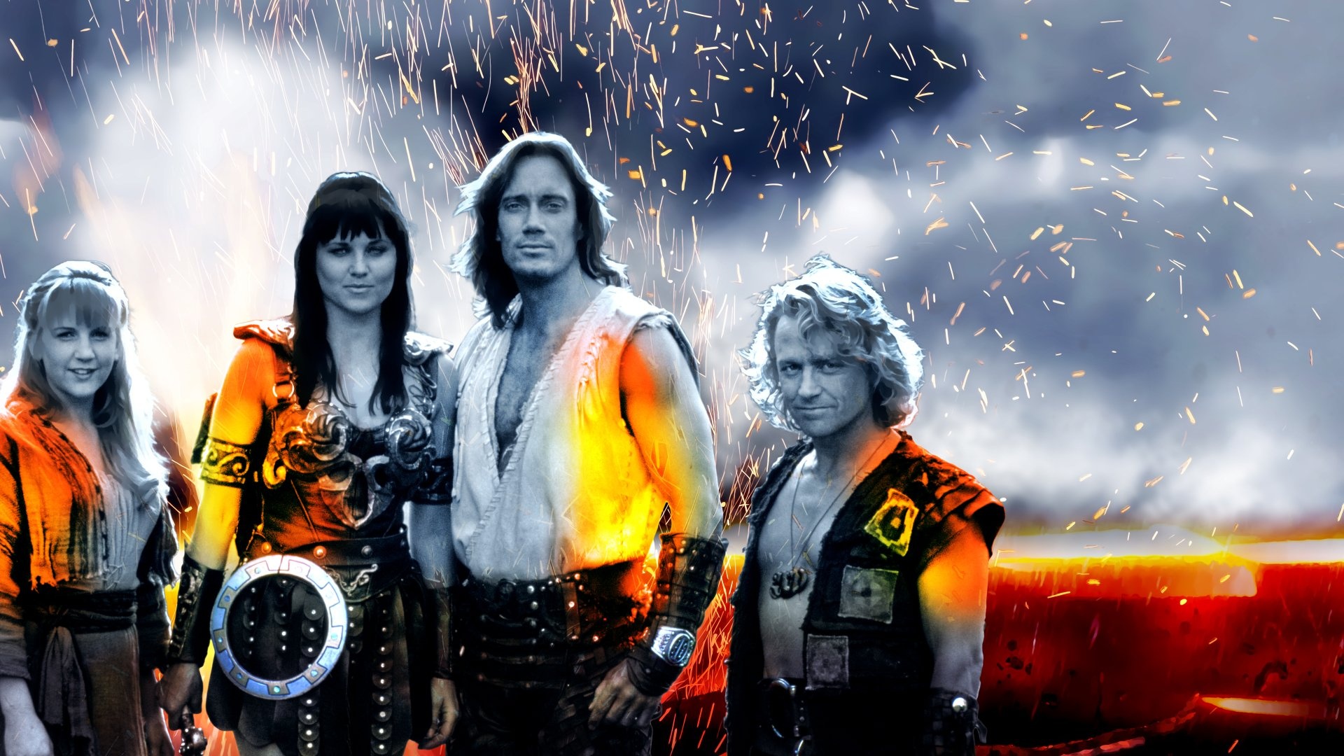 Hercules: The Legendary Journeys (TV Series): Monochrome characters, Gabrielle, Xena, Kevin Sorbo, Iolaus. 1920x1080 Full HD Background.