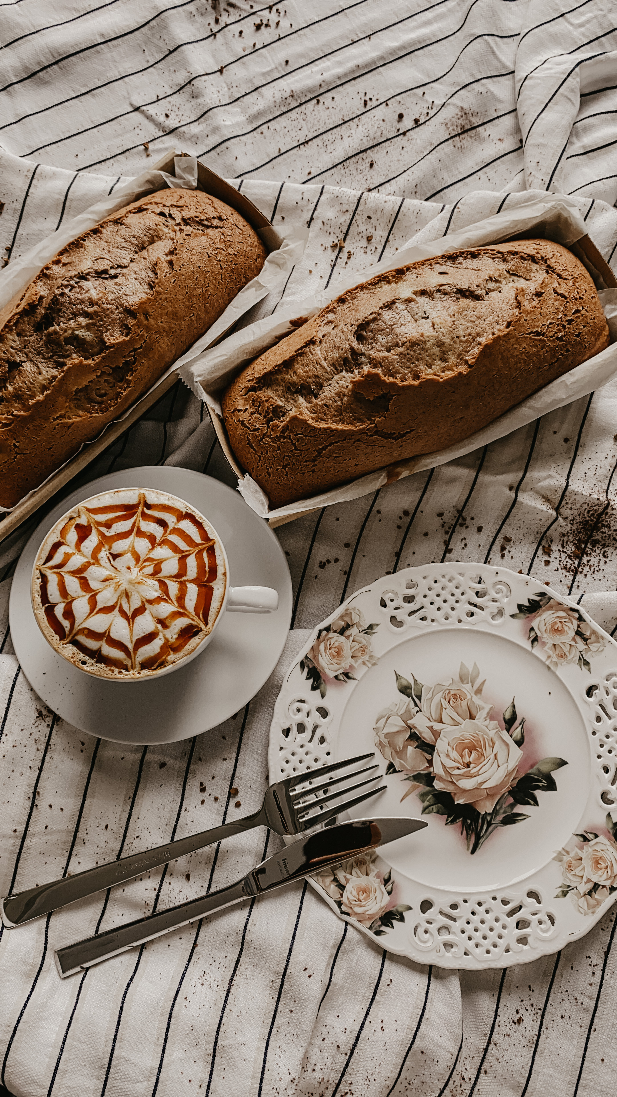 Bread and coffee, Culinary still life, Elegant tablecloth, Delicious breakfast, 2160x3840 4K Handy