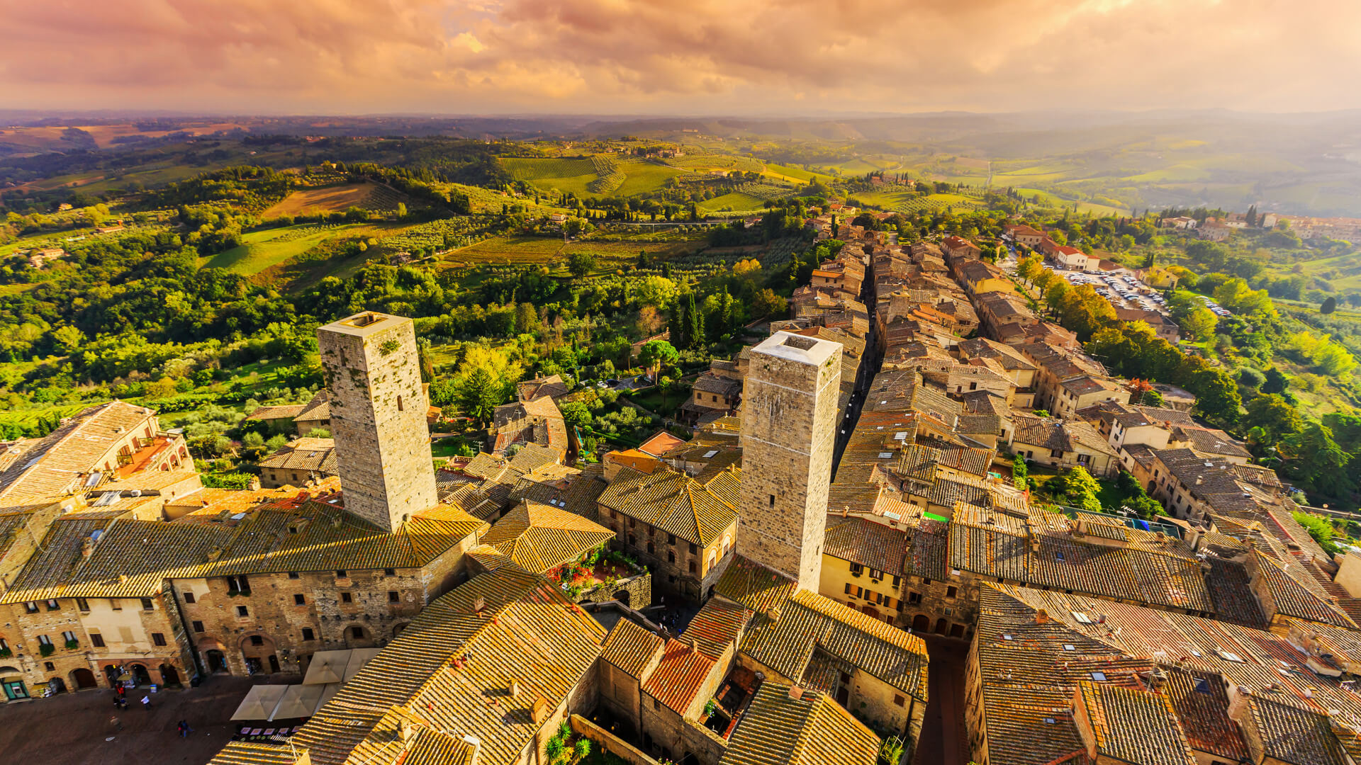 San Gimignano, Aerial view, Tuscany landscape, Helicopter tour, 1920x1080 Full HD Desktop