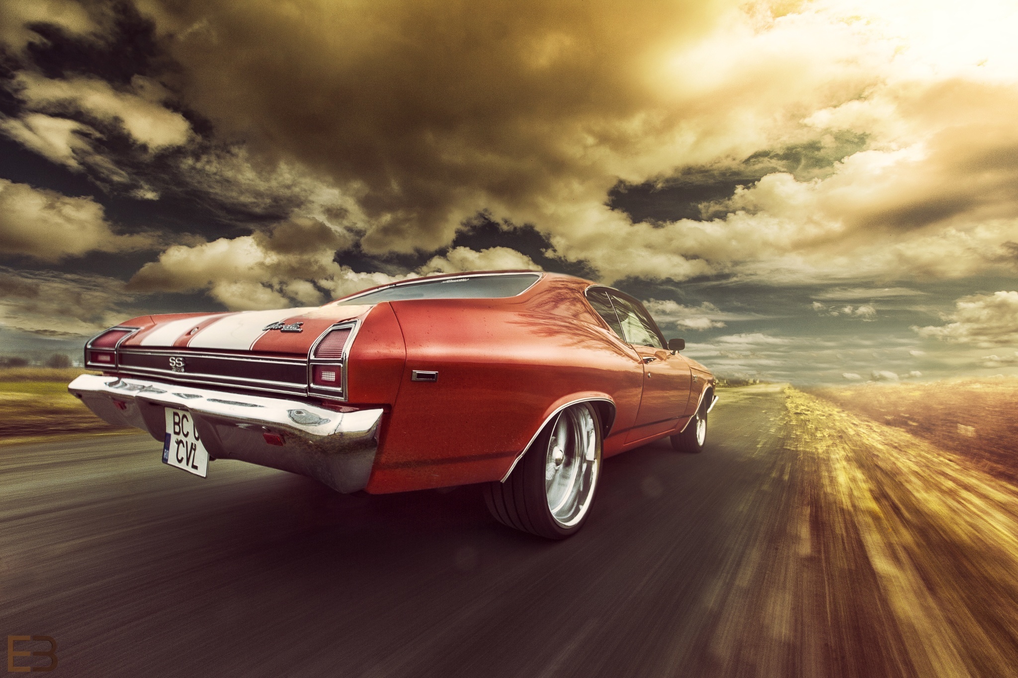 Chevrolet Chevelle SS, 1969 model capture, Crimson car glisten, Sunset backdrop, Muscle car prestige, 2050x1370 HD Desktop