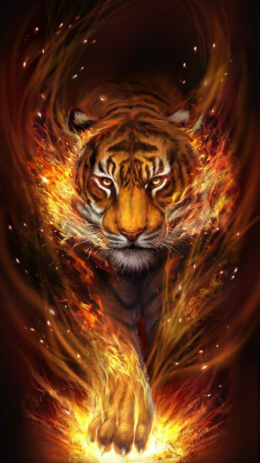 Tiger: The life span of tigers in the wild is usually between 10 and 15 years. 1080x1920 Full HD Background.
