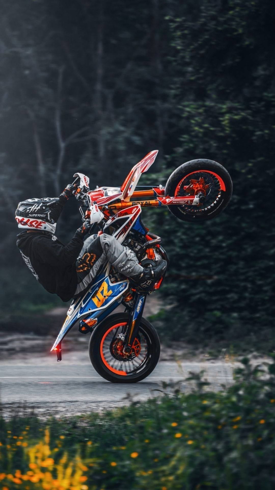 Supermoto: Wheelie, Stunts on the track, National champions, The spirit of the competition. 1080x1920 Full HD Background.