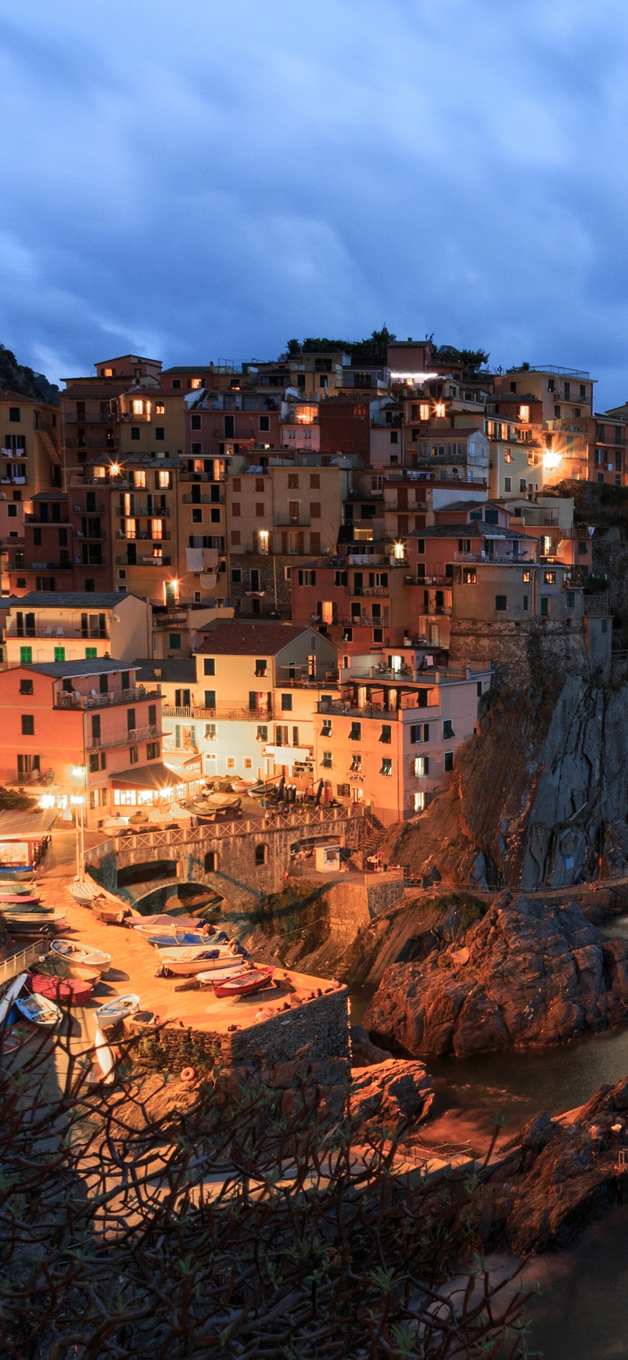 Italy: Manarola, Cinque Terre, Seascape, City lights, Dusk. 1290x2780 HD Wallpaper.