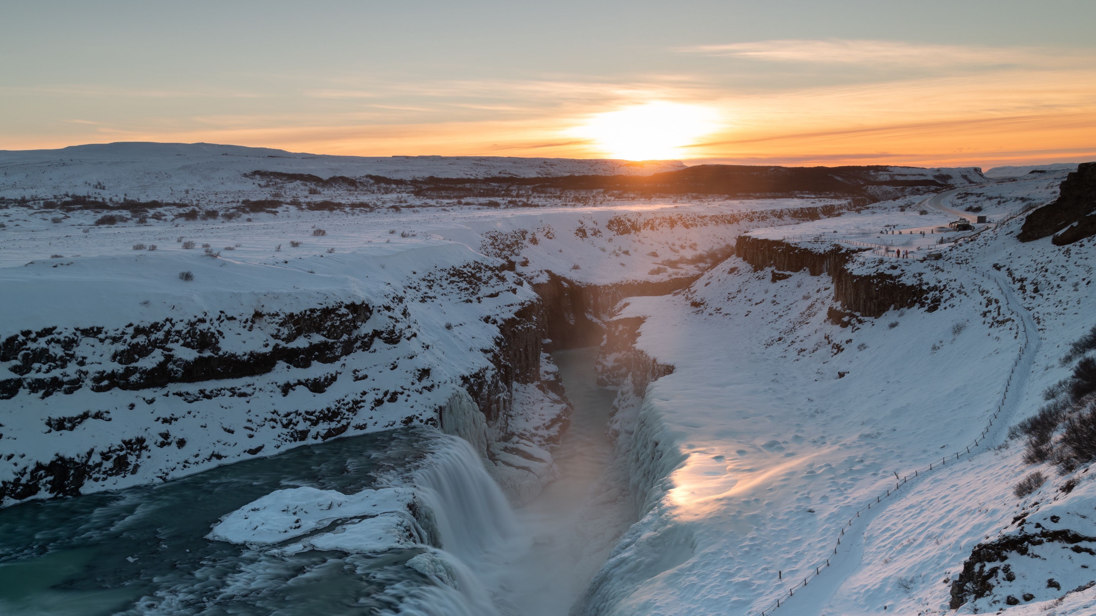 Gullfoss Waterfall, Sunrise, Ice and snow, Winter wallpaper, 3840x2160 4K Desktop