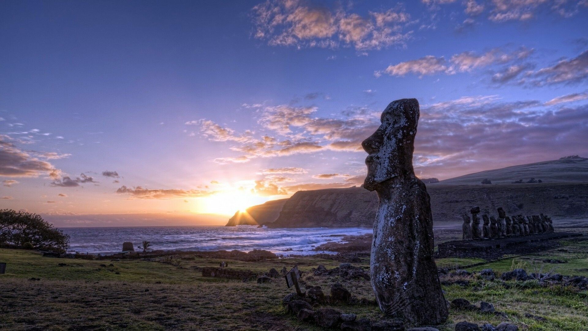 Moai: Almost all statues have overly large heads three-eighths the size of the whole statue. 1920x1080 Full HD Wallpaper.