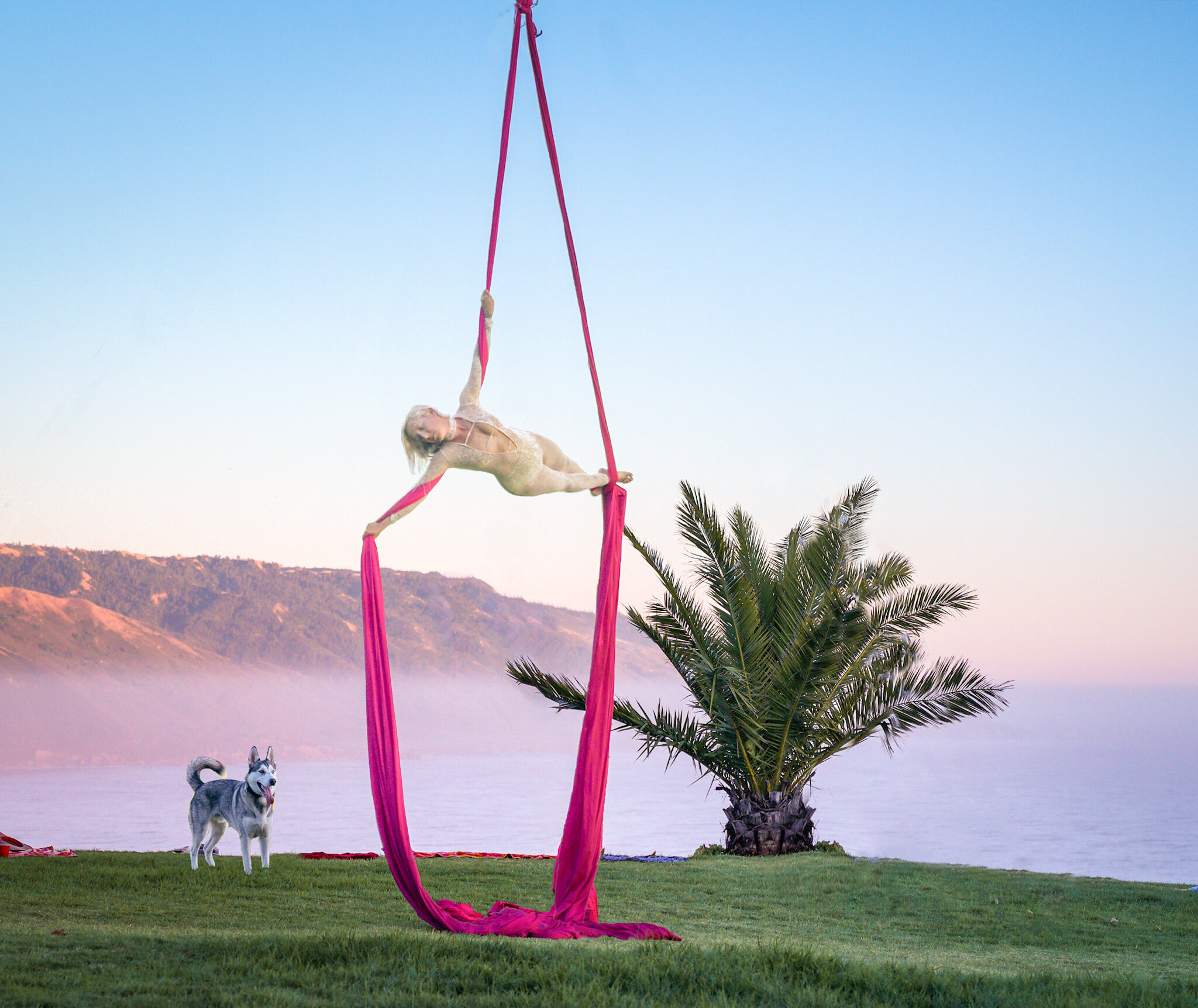 Aerial Silks: Recreational outdoor acrobatics activity, Artistic performance at the lakeshore. 2050x1730 HD Background.