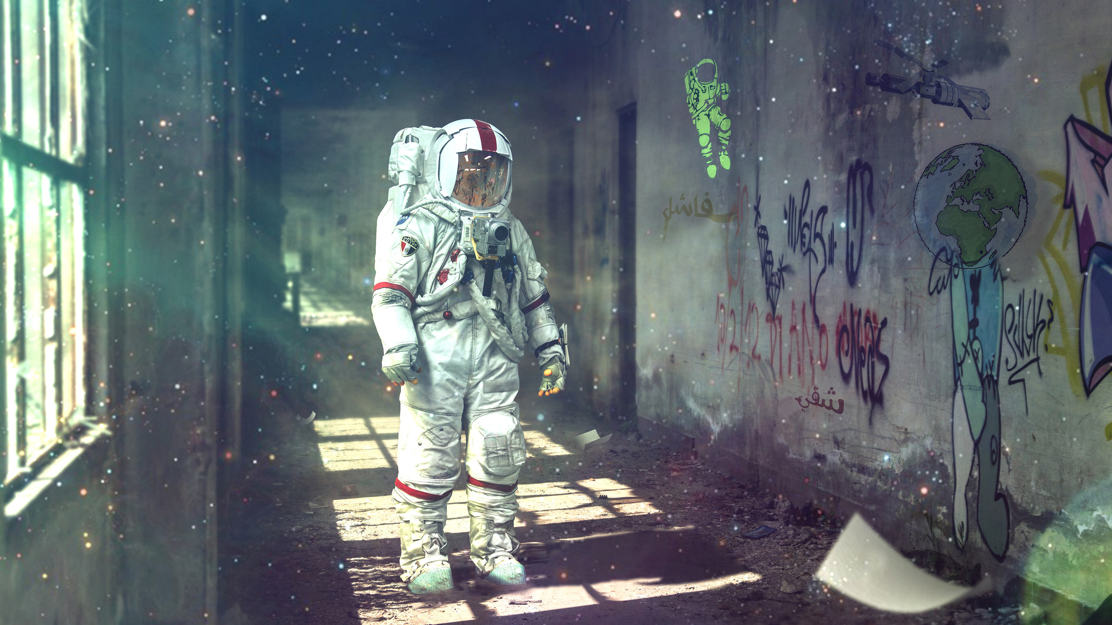 Astronaut: Human space traveler in an abandoned school, Earth. 3840x2160 4K Background.