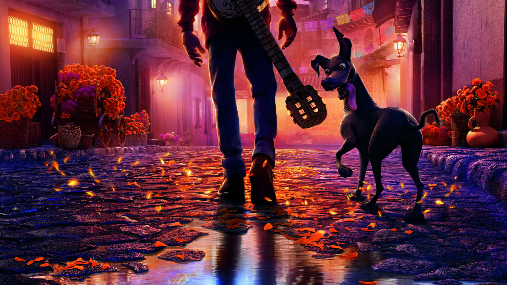 Coco (Cartoon): When he plays a guitar hanging in the crypt of a famous singer, the boy is transported to the magical Land of the Dead, where he embarks on a quest to uncover the truth about his roots, Pixar. 2050x1160 HD Background.