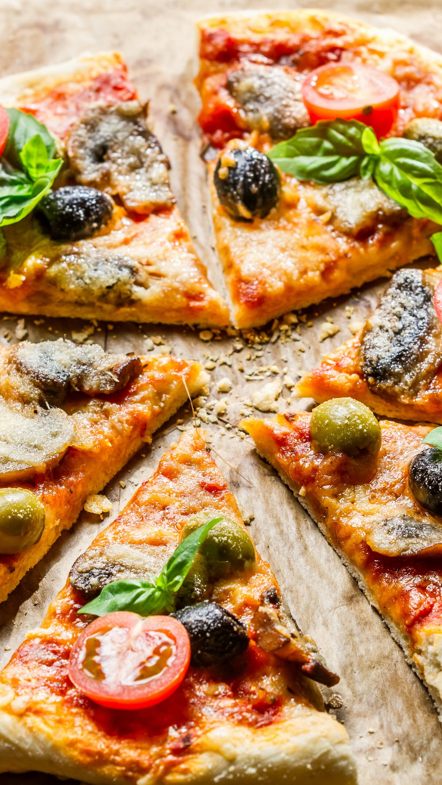 Pizza: Baked pie of Italian origin, Olives, Mushrooms, Cherry tomatoes, Basil. 1440x2560 HD Background.