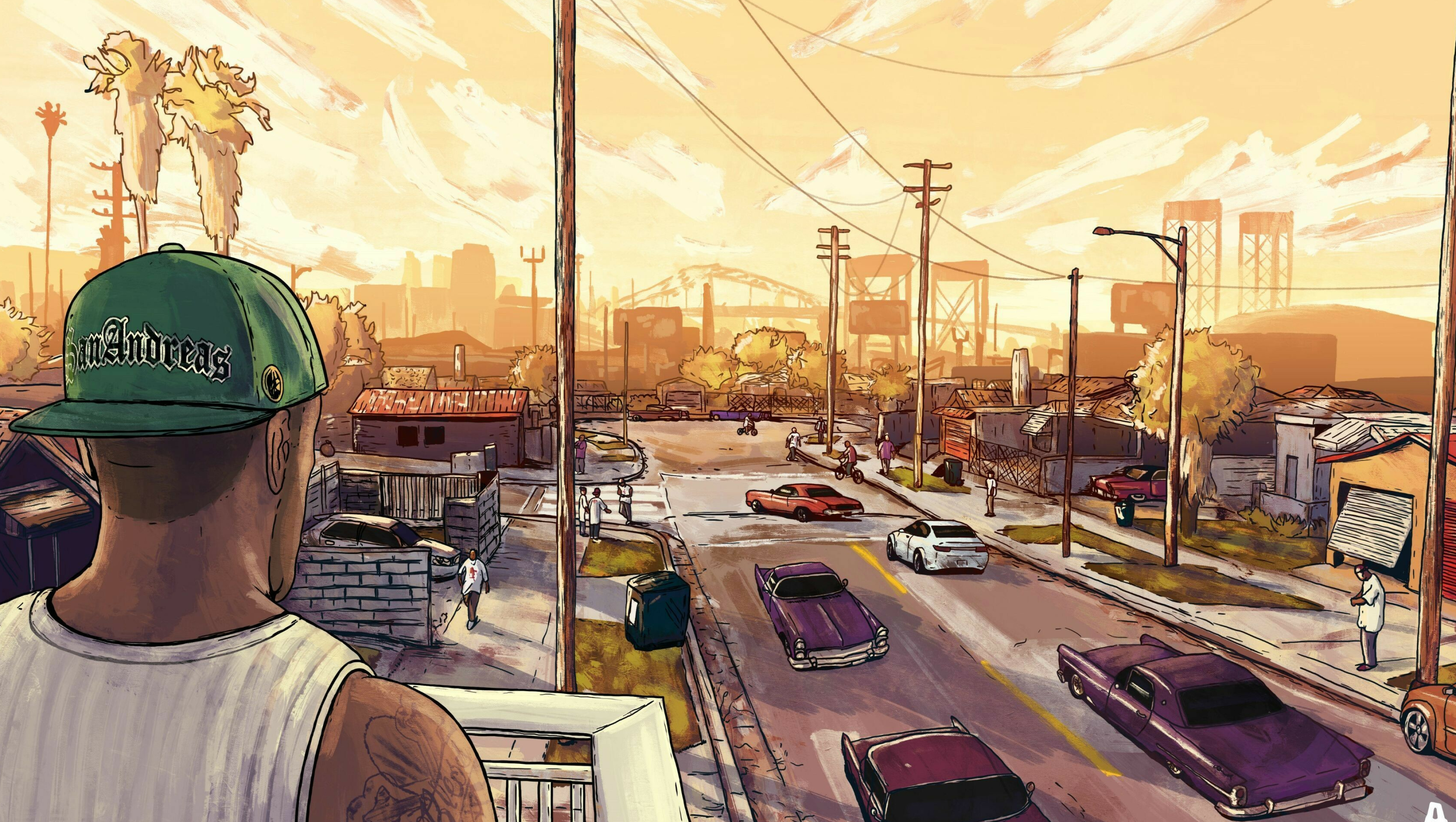 Grand Theft Auto: San Andreas: The fifth main entry in the GTA series, following 2002's Vice City. 3750x2120 HD Background.