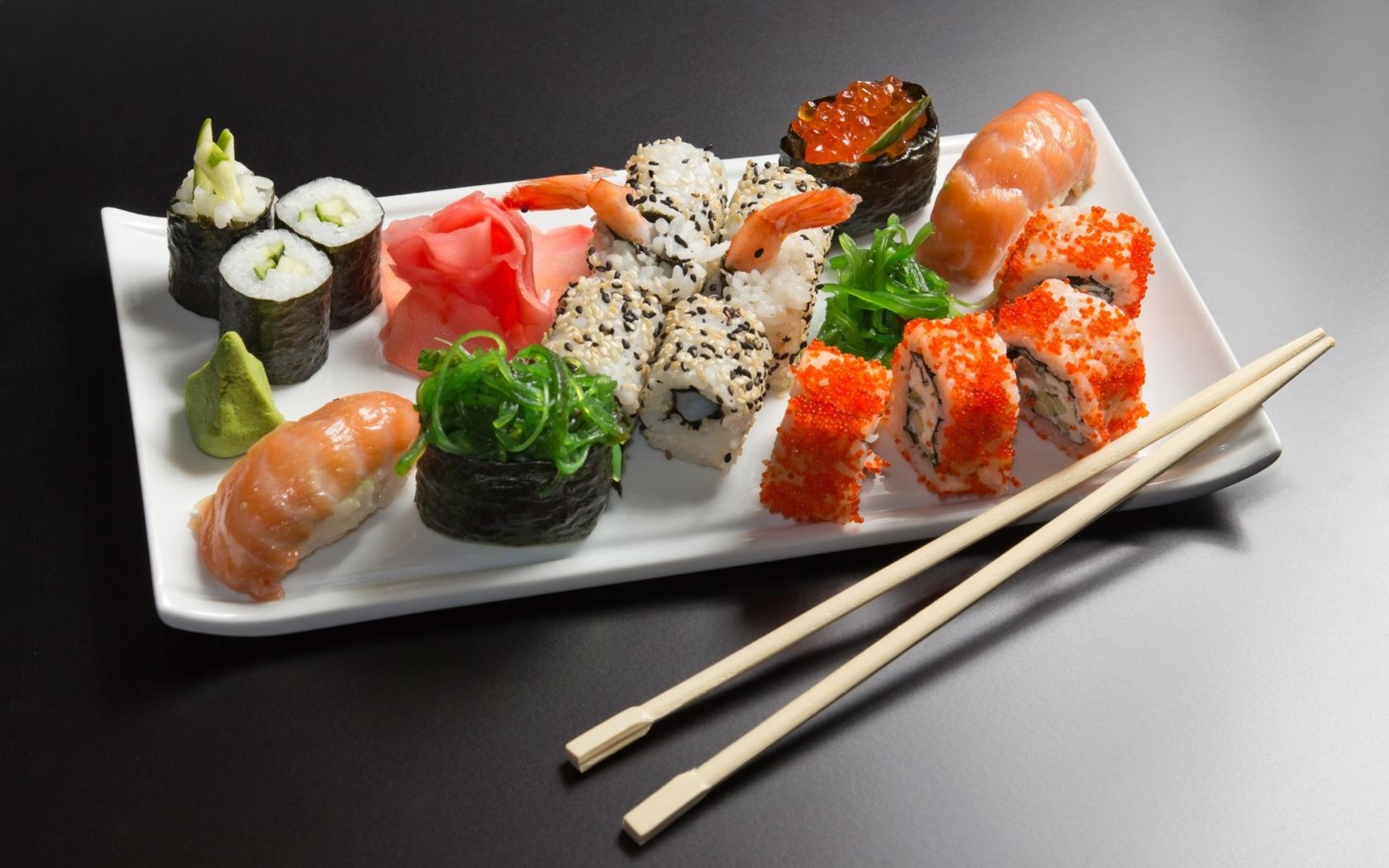 Sushi: Edible seaweed, Nigirizushi, Gari, Japanese pickled vegetables. 2560x1600 HD Background.