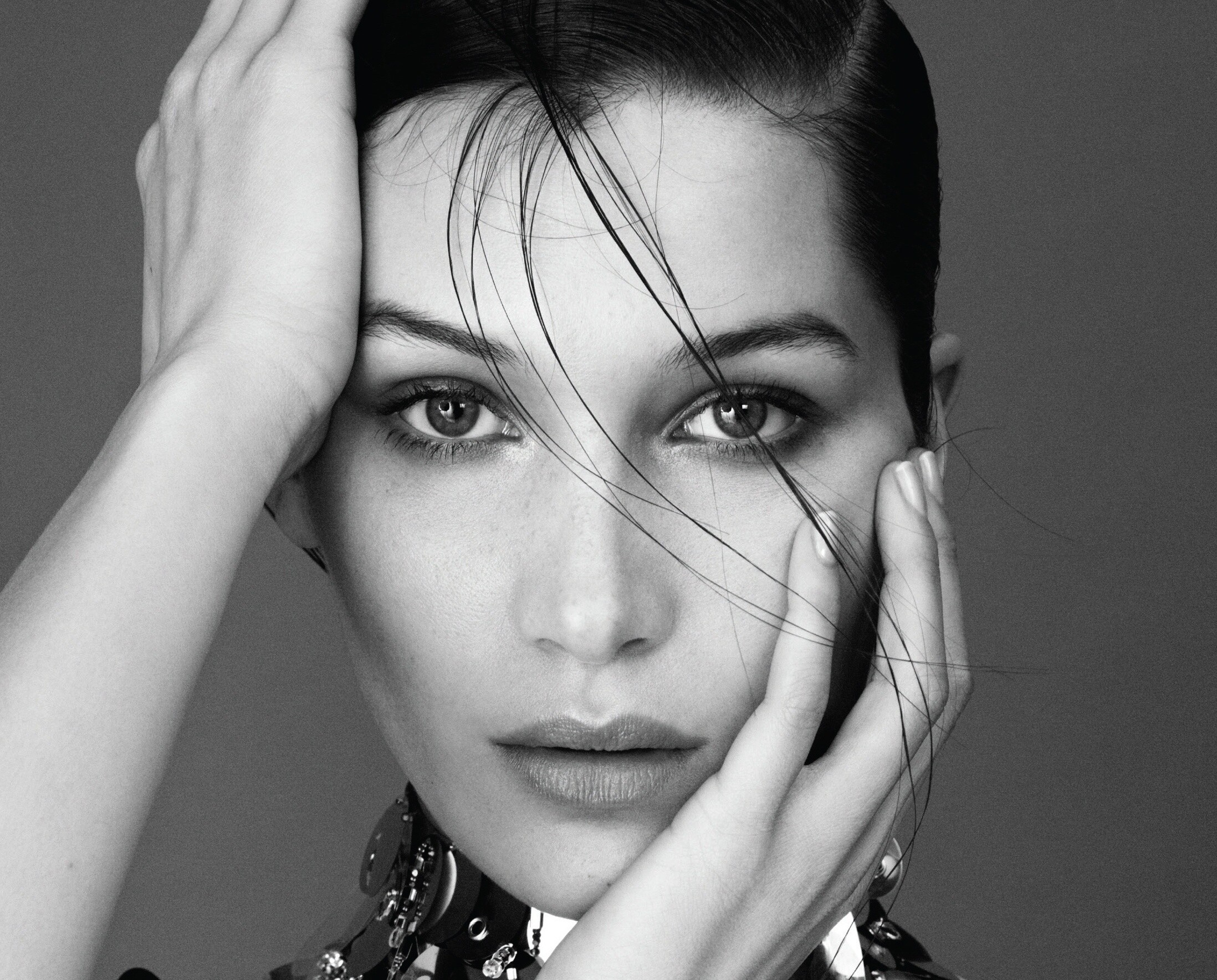 Bella Hadid, Black and white model, Hands and face portrait, Stunning resolution, 2200x1770 HD Desktop