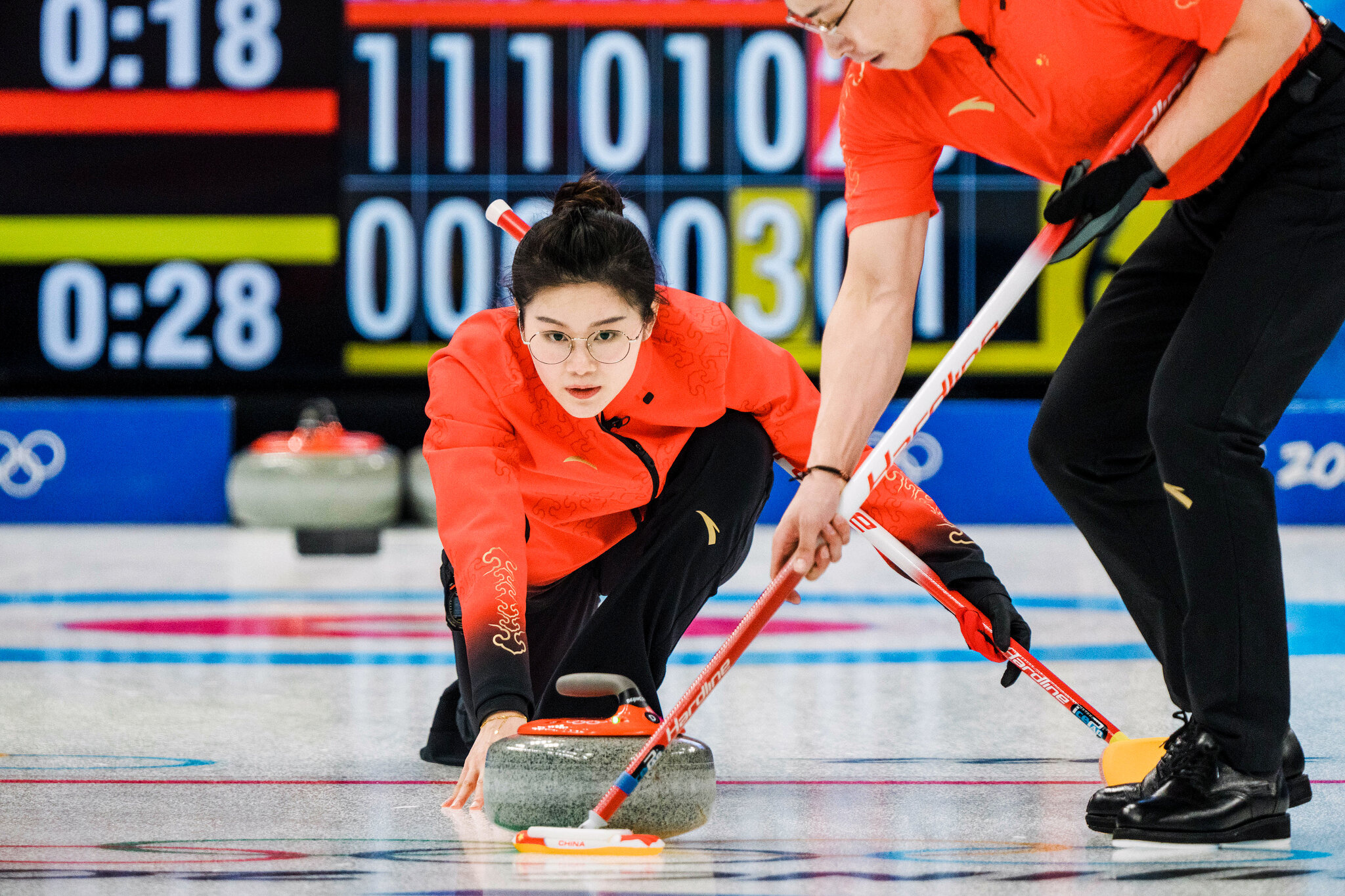Curling: Suyuan Fan and Zhi Ling of China vs. Switzerland, The 2022 Beijing Winter Olympics. 2050x1370 HD Background.