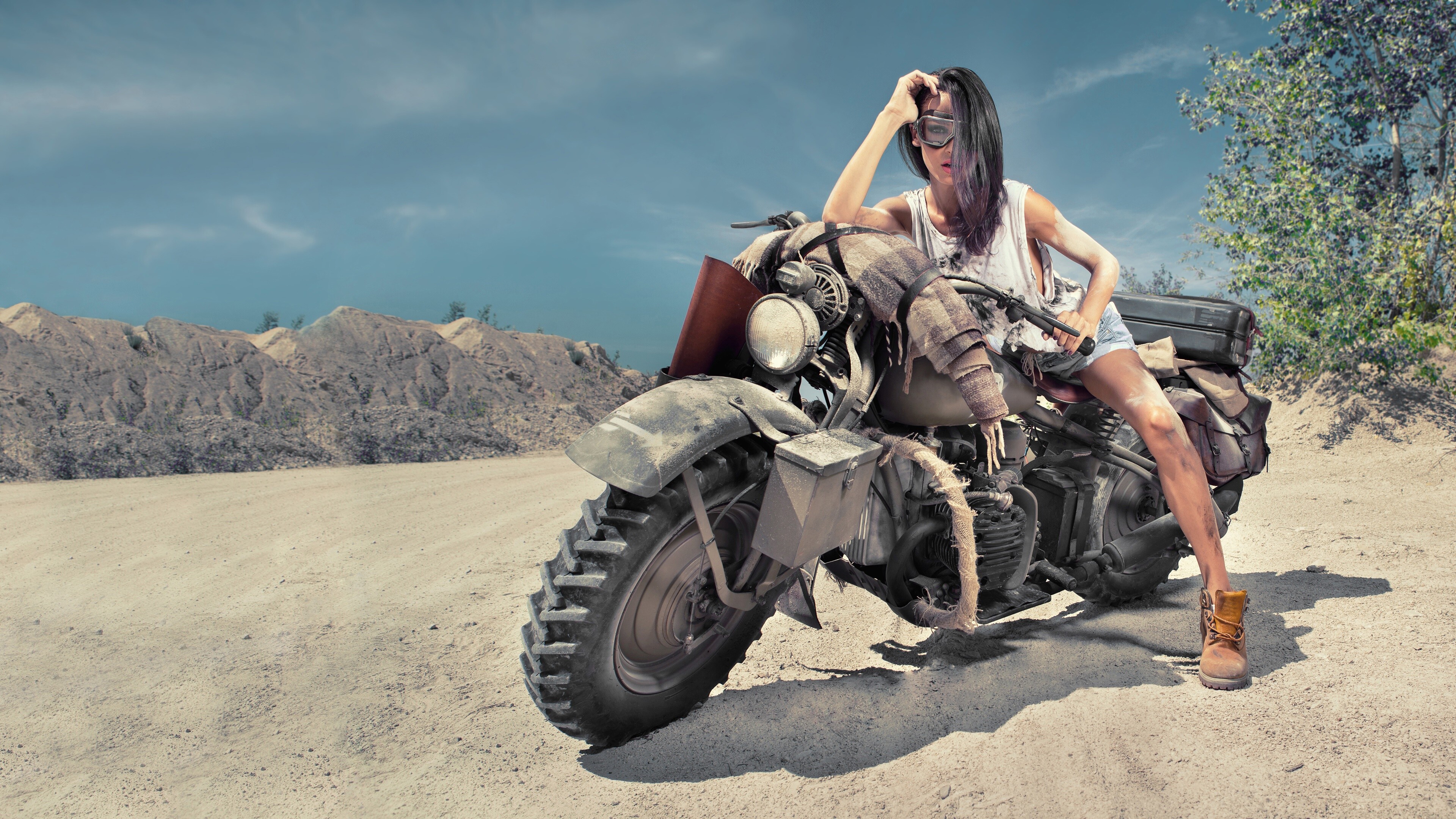 Girls and Motorcycles: Desert bike, Venturing off-road, A girl riding the dirt bike in the sand dunes. 3840x2160 4K Wallpaper.