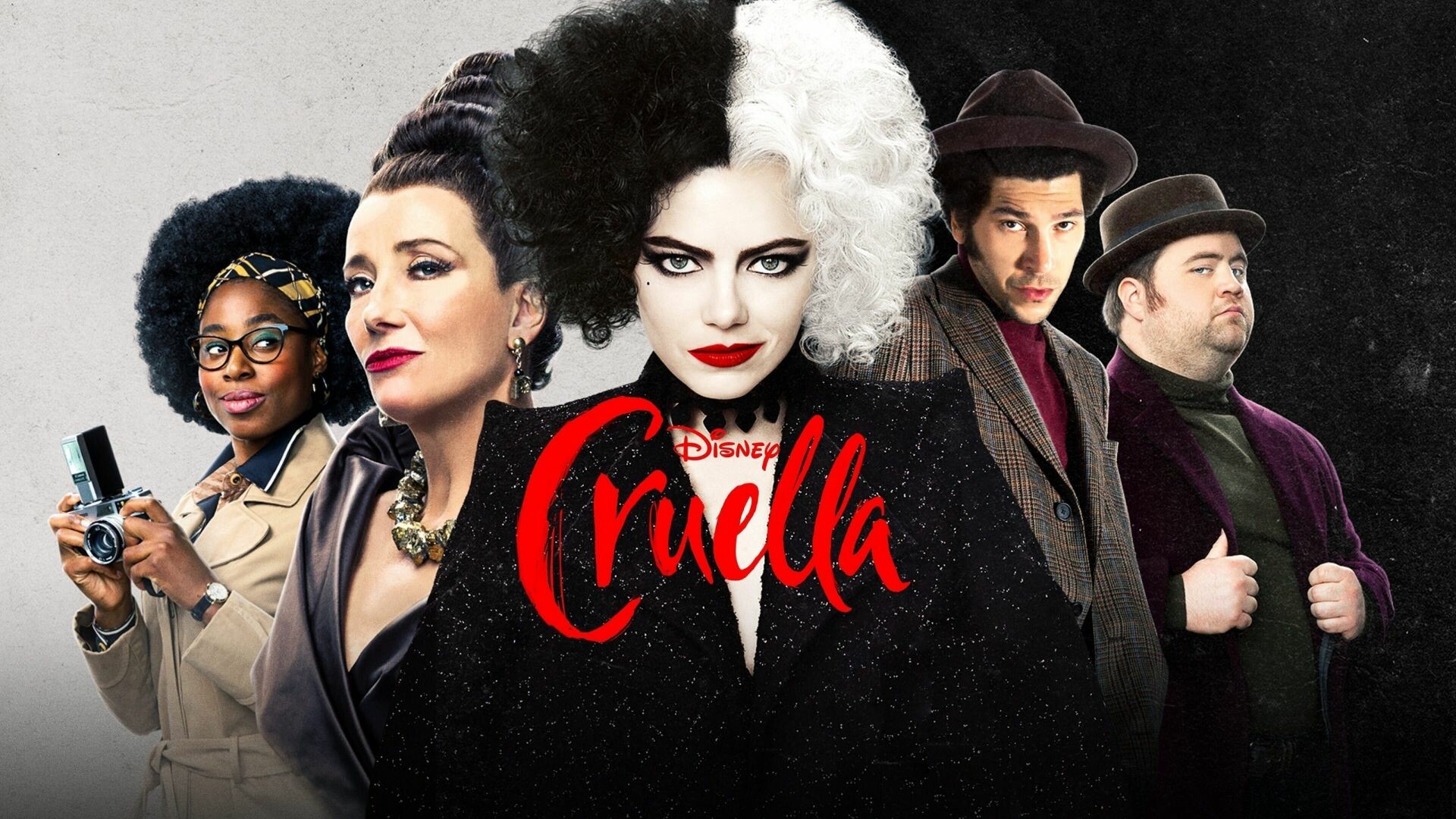 Cruella (2021): Emma Thompson, who has previously worked with Disney on Treasure Planet, Brave, Saving Mr. Banks, and the Beauty and the Beast remake, co-stars along with Mark Strong. 1920x1080 Full HD Background.