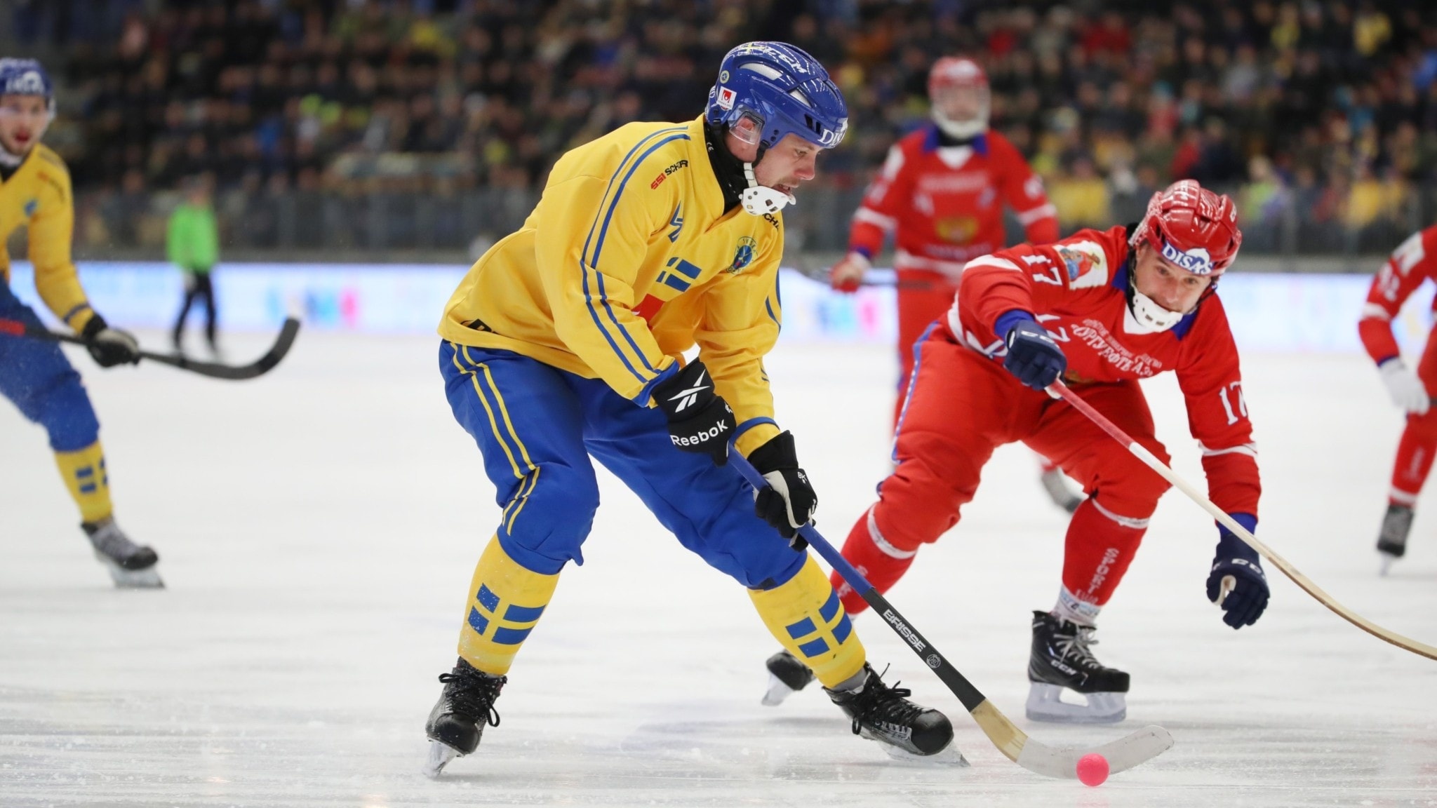 Bandy (Sports): Russia vs. Sweden, The Bandy World Championship 2019, The Federation of International Bandy. 2050x1160 HD Background.