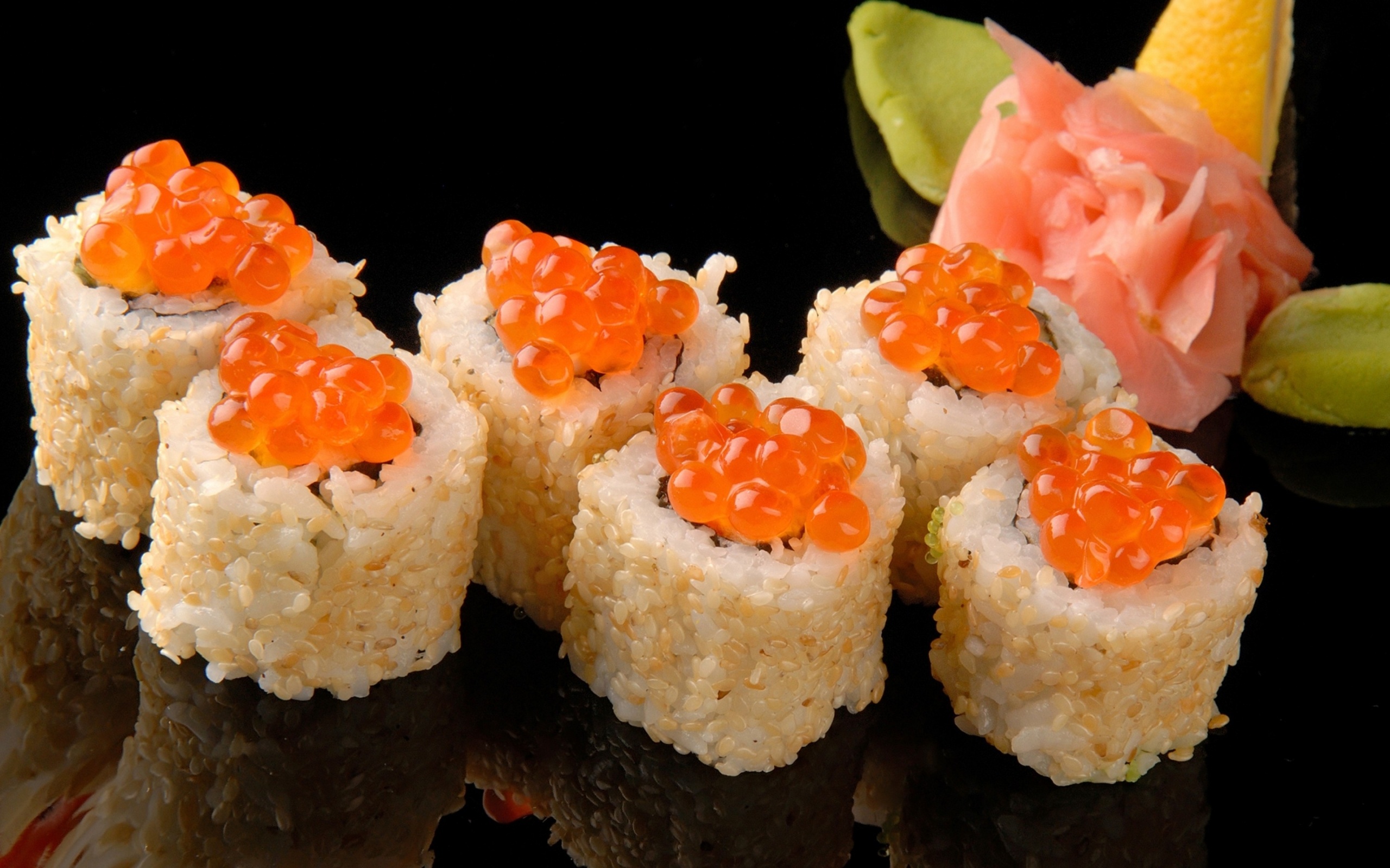 Sushi: Flying fish roe, comes from the eggs of a species of tuna called Tobikuna. 2560x1600 HD Background.