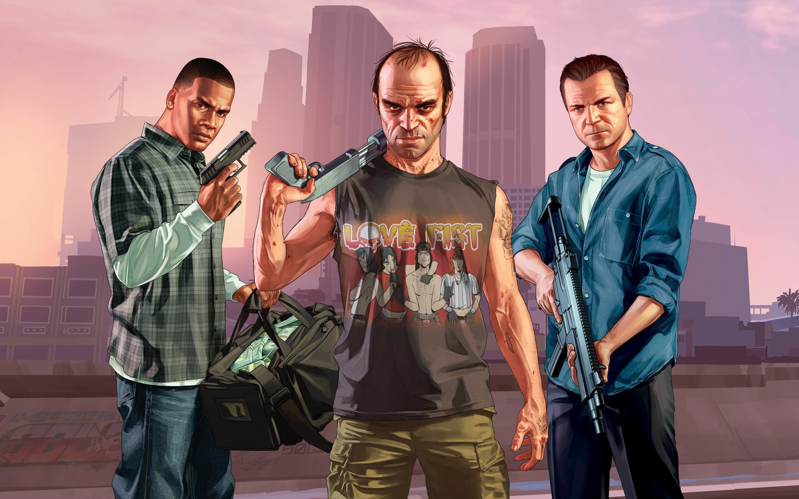Grand Theft Auto 5: GTA 5, Game characters, Franklin, Michael, Trevor. 2560x1600 HD Wallpaper.