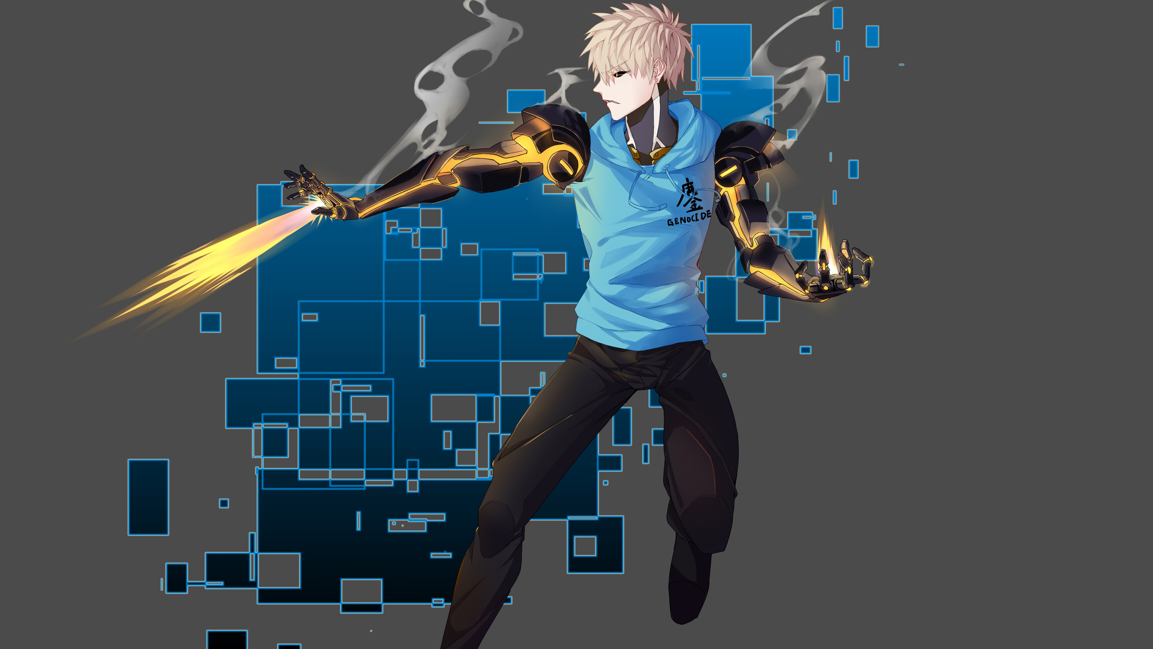 Genos: Jenosu shooting fire in One-Punch Man, A character that voiced by Kaito Ishikawa. 3840x2160 4K Background.