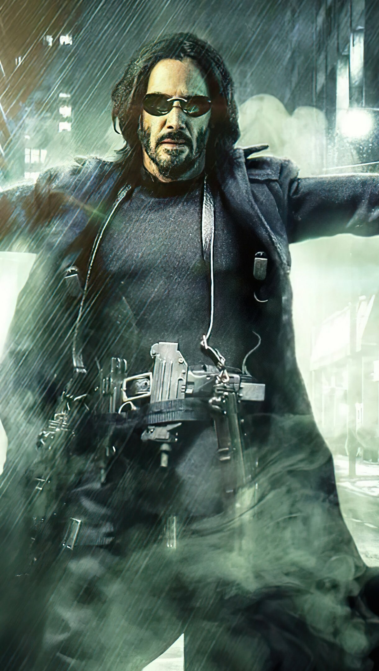Matrix Franchise: Keanu Reeves, Resurrections, The One. 1220x2160 HD Background.
