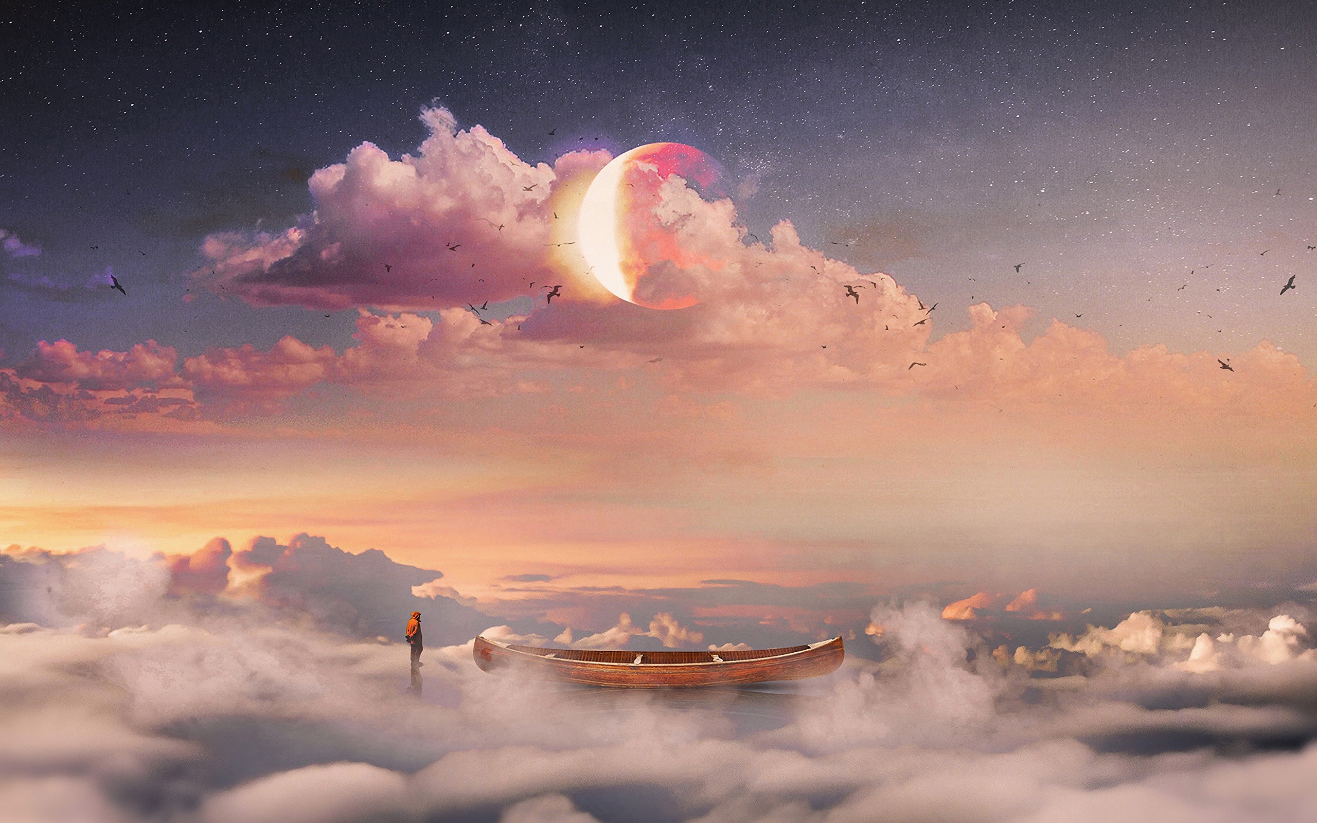 Fantasy art, Boat in space, Planets and stars, Magical fantasy, Animal art, 2560x1600 HD Desktop