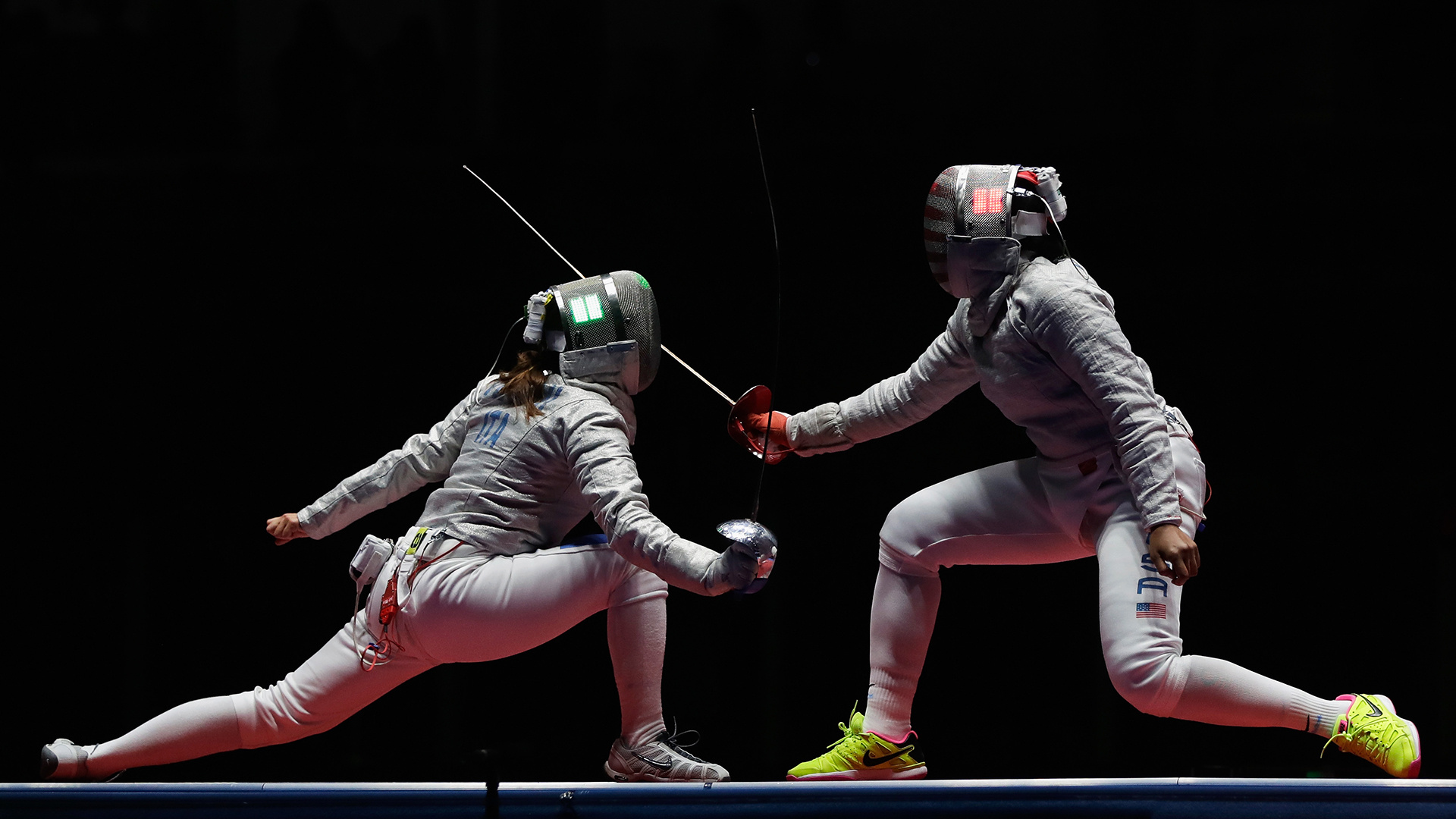Fencing: Offensive and defensive techniques performed by Olympic athletes during a duel. 1920x1080 Full HD Wallpaper.